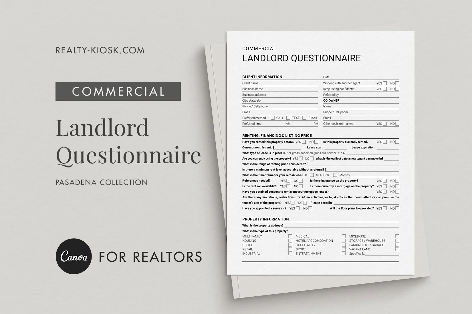 Commercial Real Estate Landlord Questionnaire, Canva Template, Landlord