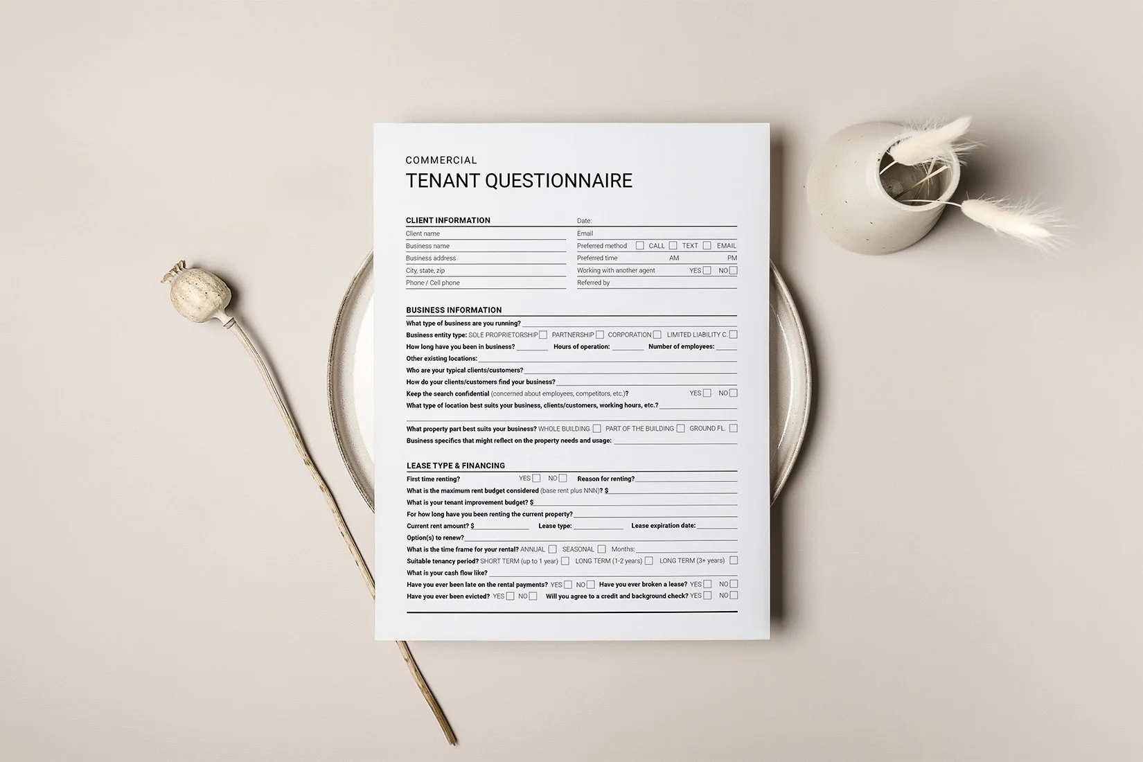 Commercial Real Estate Tenant Questionnaire, Canva Template, Tenant
