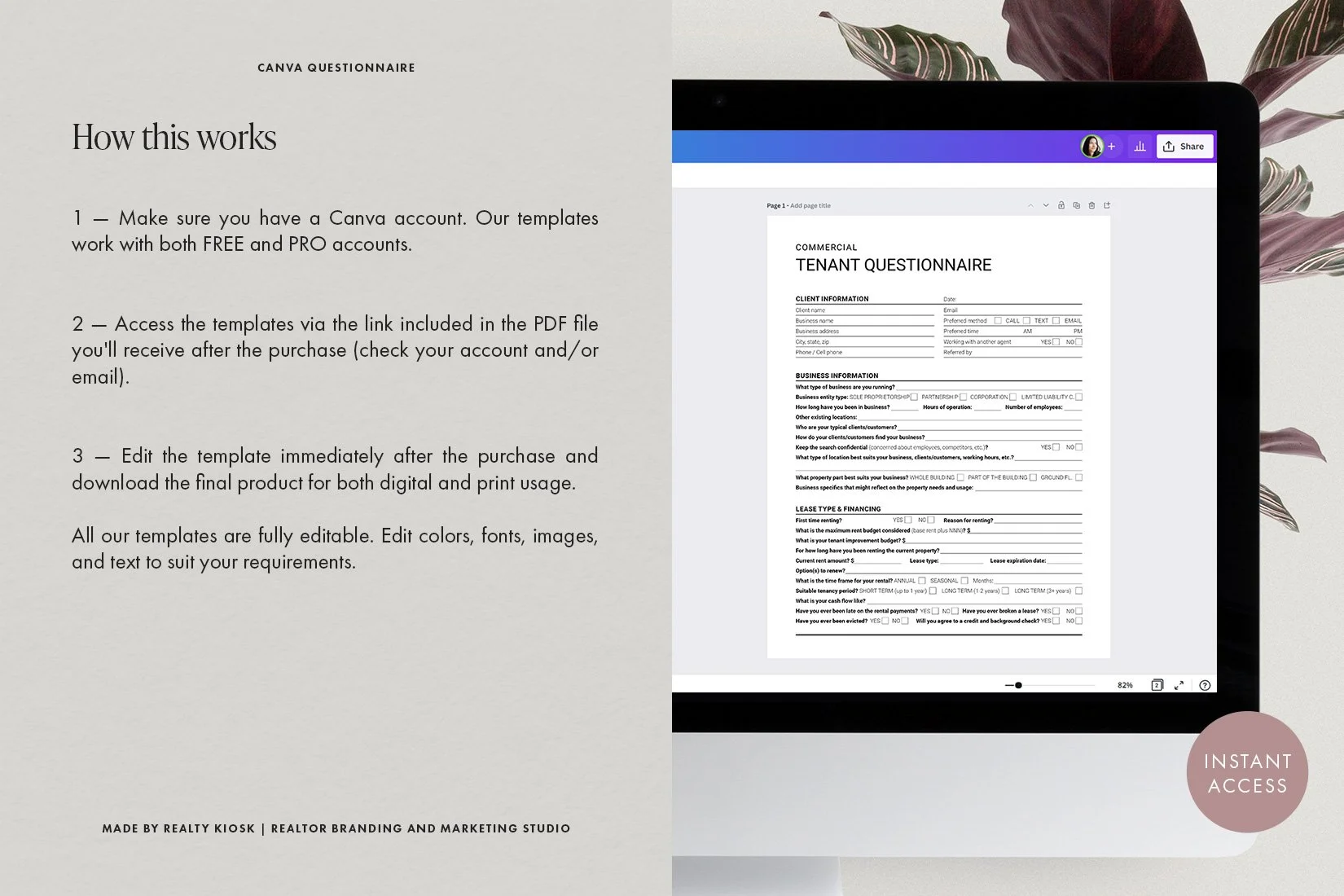 Commercial Real Estate Tenant Questionnaire, Canva Template, Tenant
