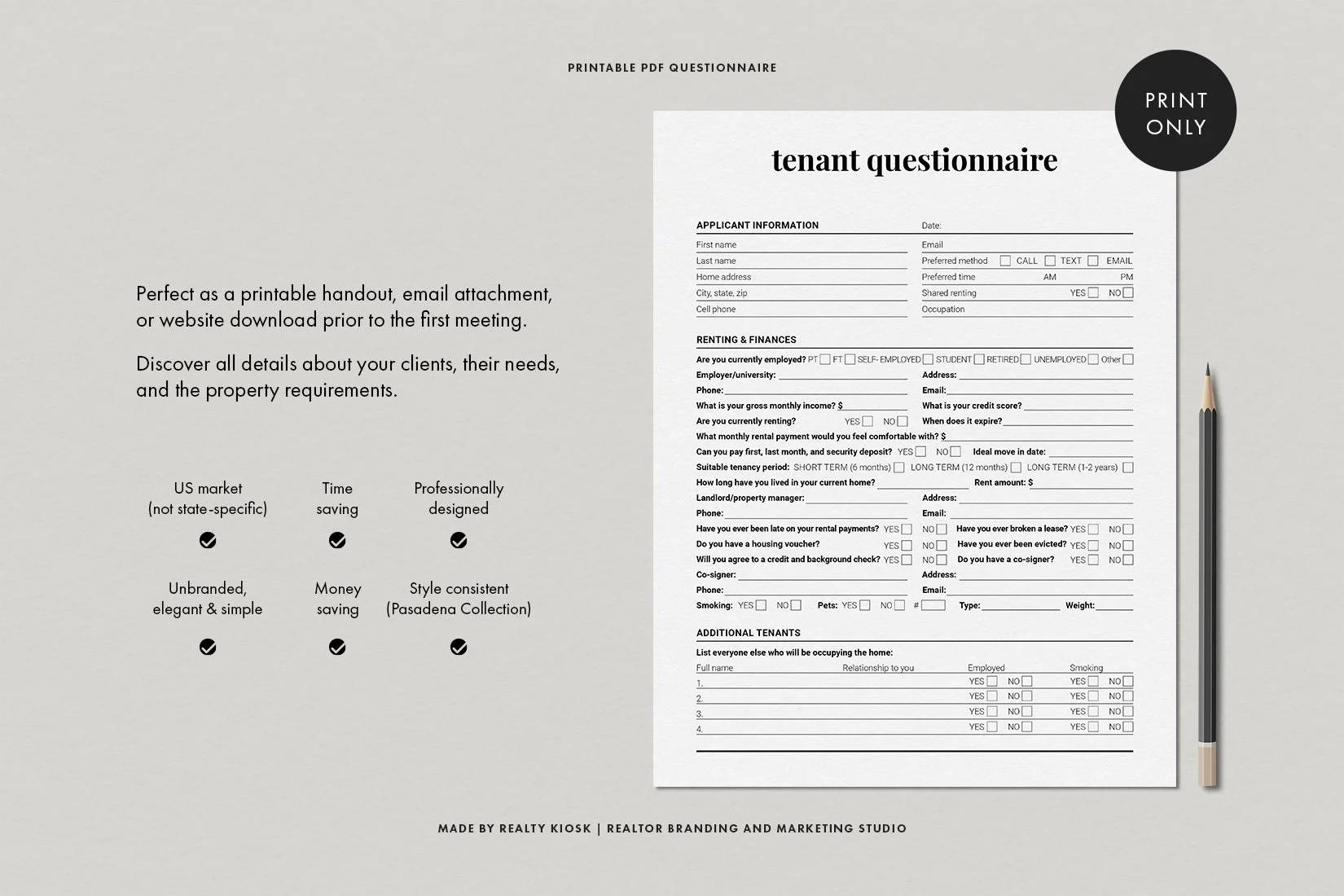 Real Estate Tenant Questionnaire, Tenant Intake Form, Tenant Application Form, Rental