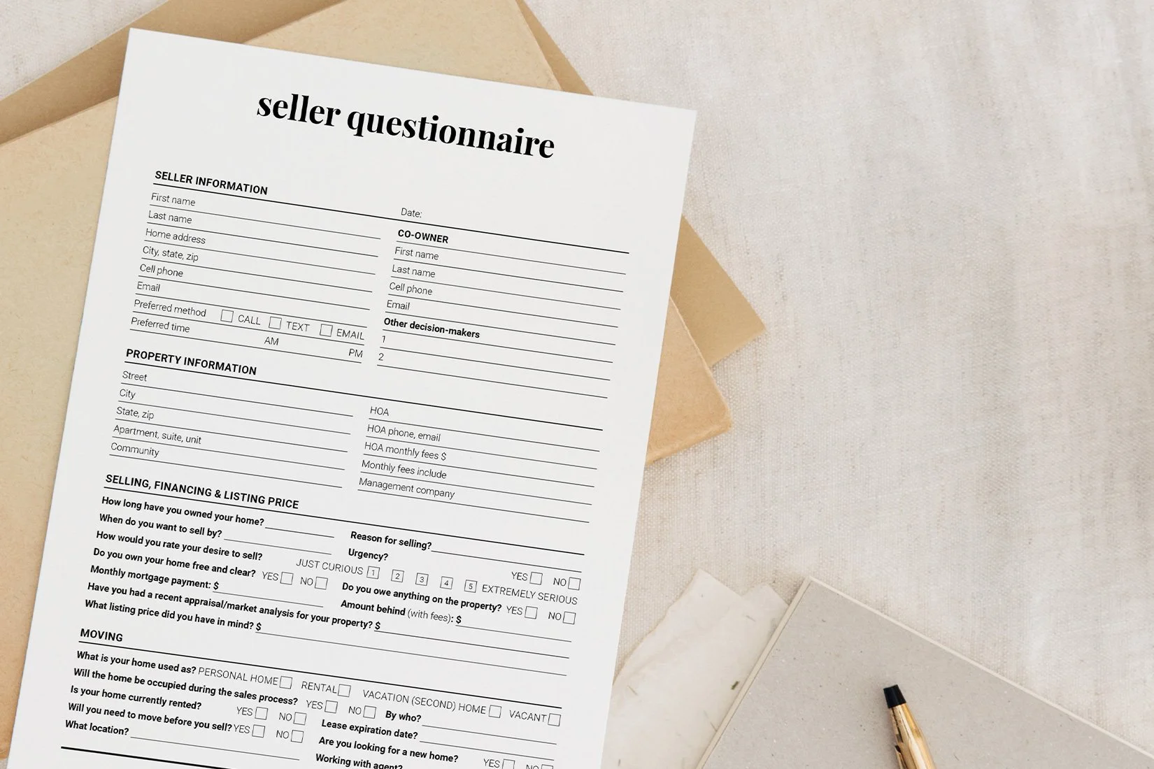 Real Estate Seller Questionnaire, Home Seller Intake Sheet, Listing