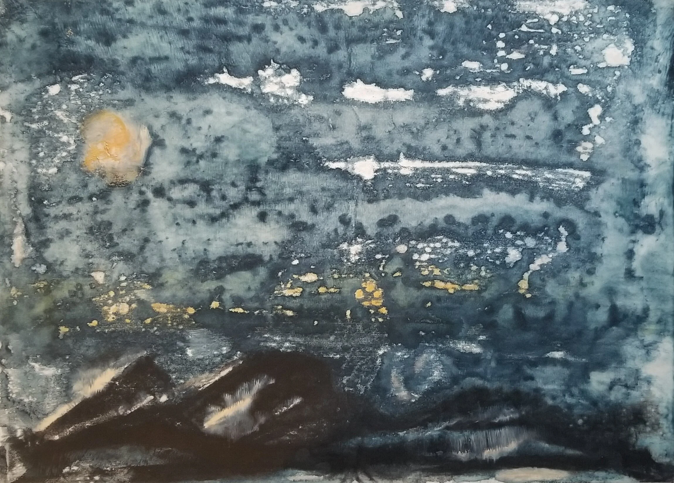 Abstract painting with blue tones, textured patterns, and a yellow circular shape.