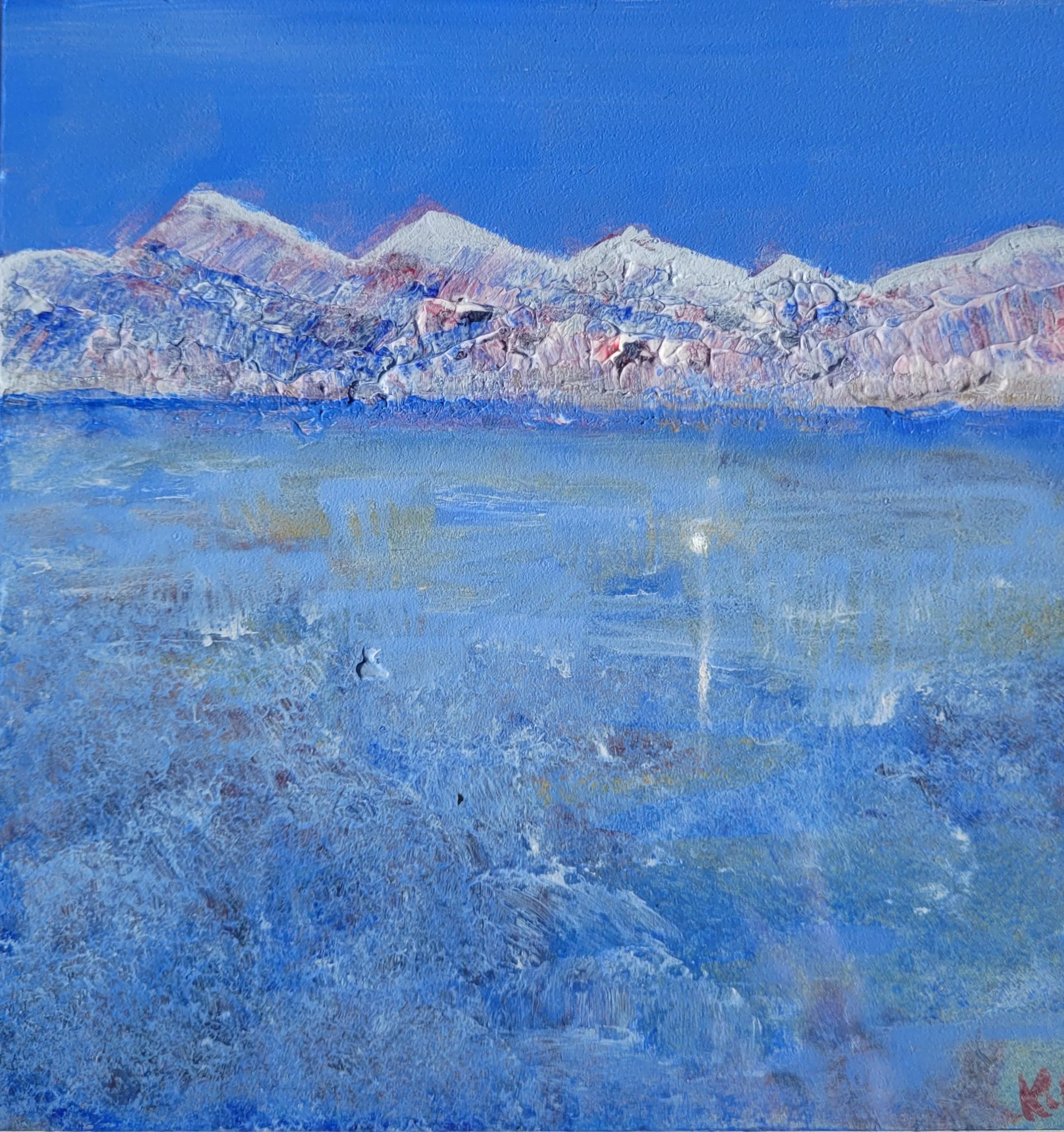 Blue Dawn:
 5x5" Acrylic painting on panel, mounted to 7x7"