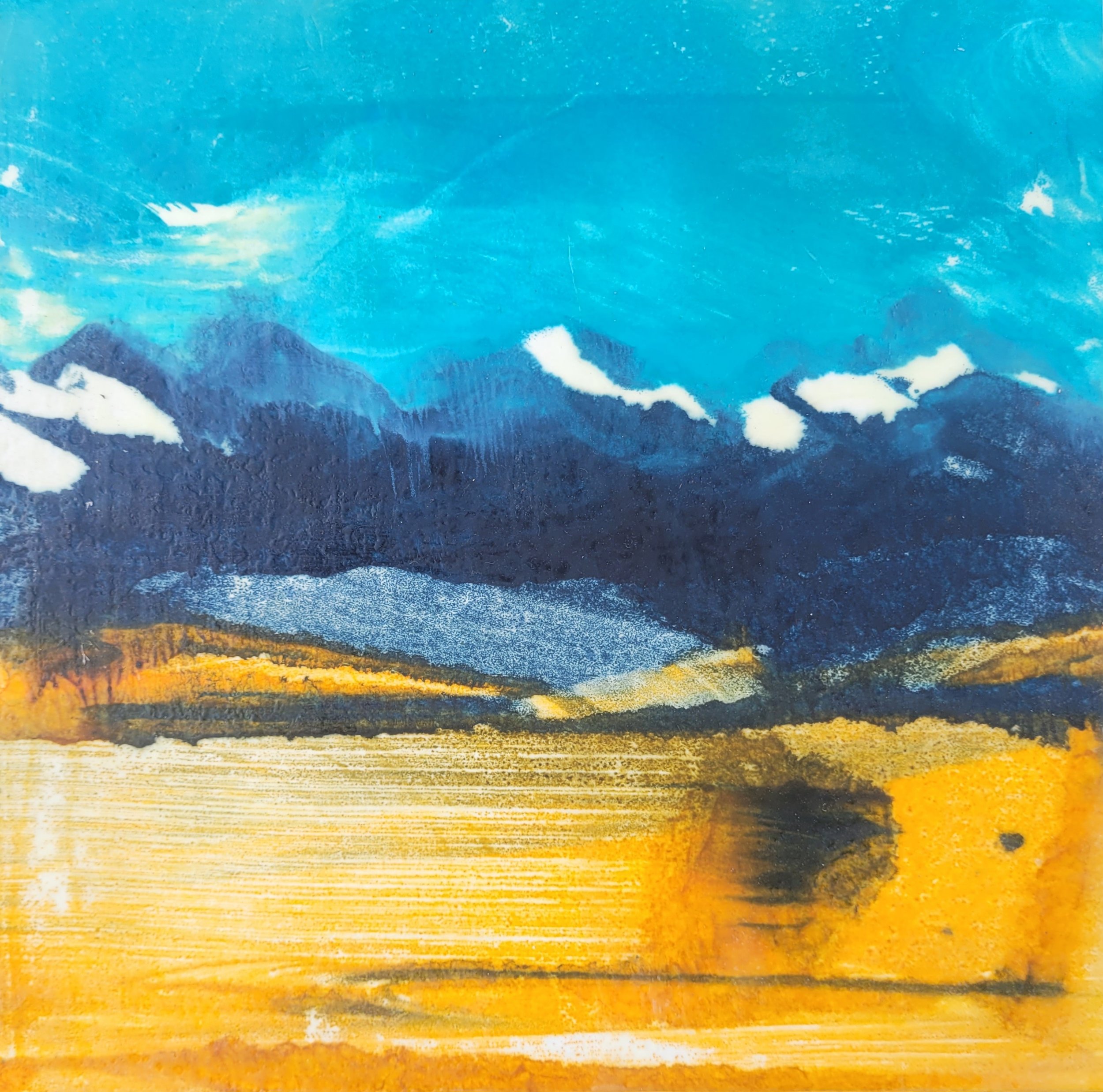 Yellow Fields, Blue Mountains | encaustic wax monotype on cradled wood panel | 10 x 10 x 1.5 in