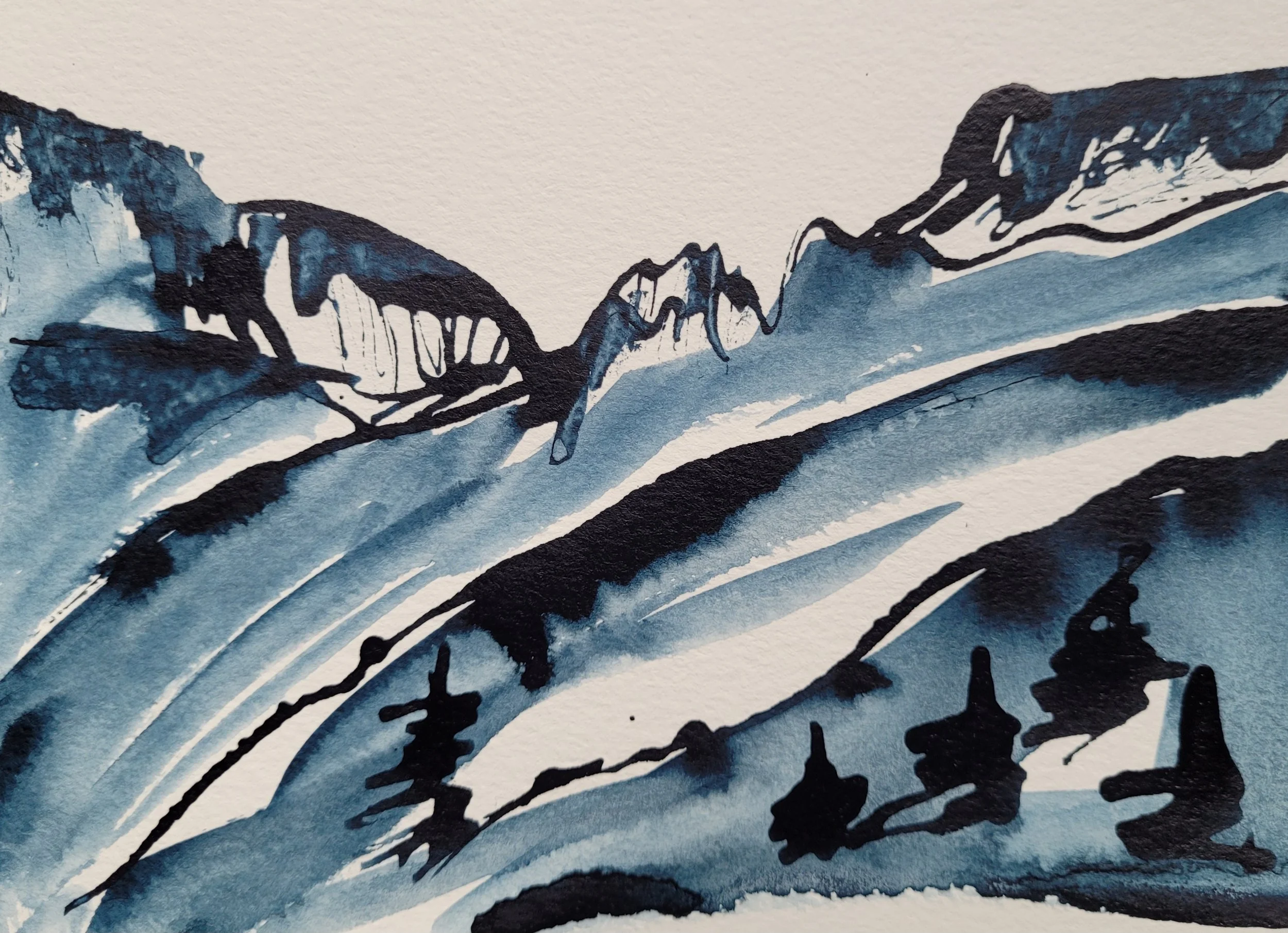 Crestone Peaks #8, Ink Sketch, 5 x 7 in, matted to 8 x 10 in or framed to 9.5 x 11.5 in.