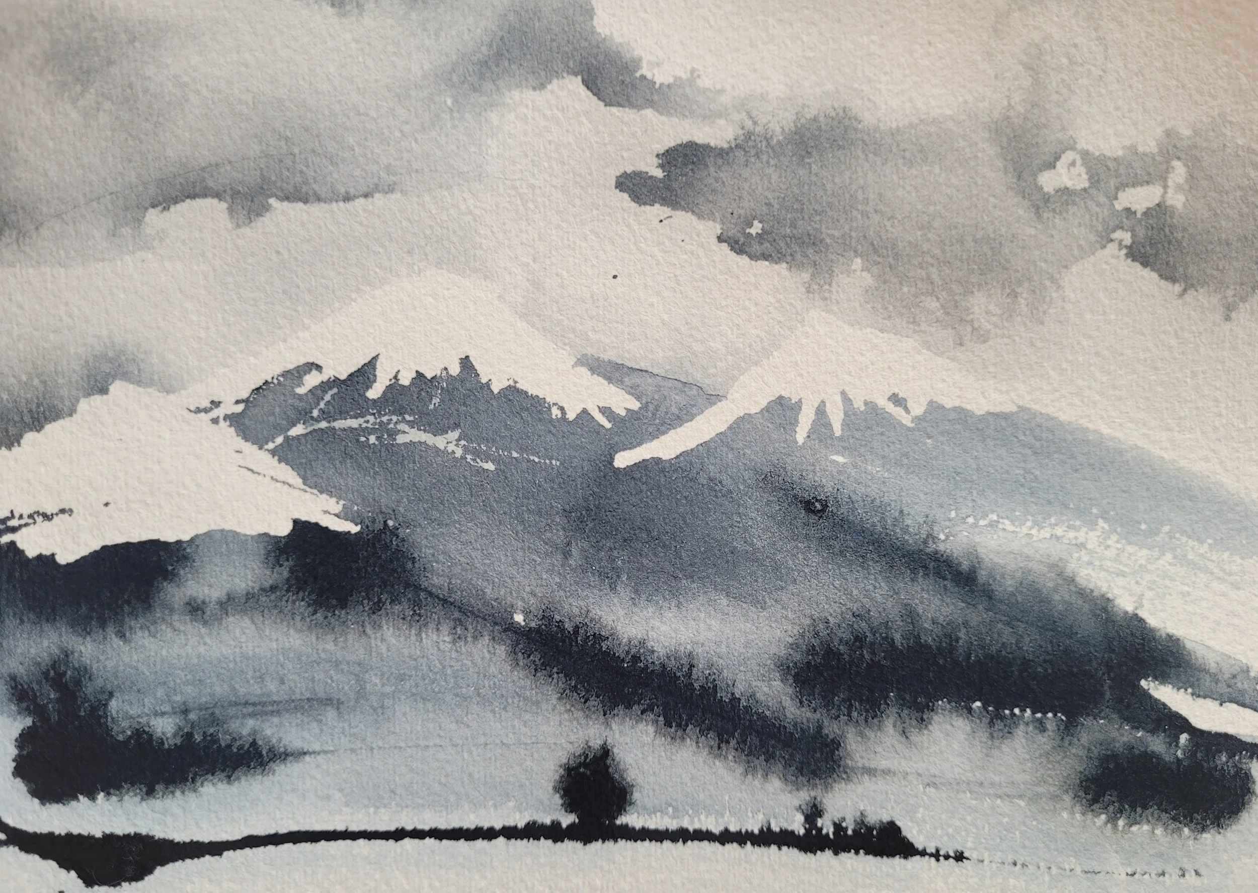 Crestone Peaks #21, Ink Sketch, 5 x 7 in, matted to 8 x 10 in or framed to 9.5 x 11.5 in.