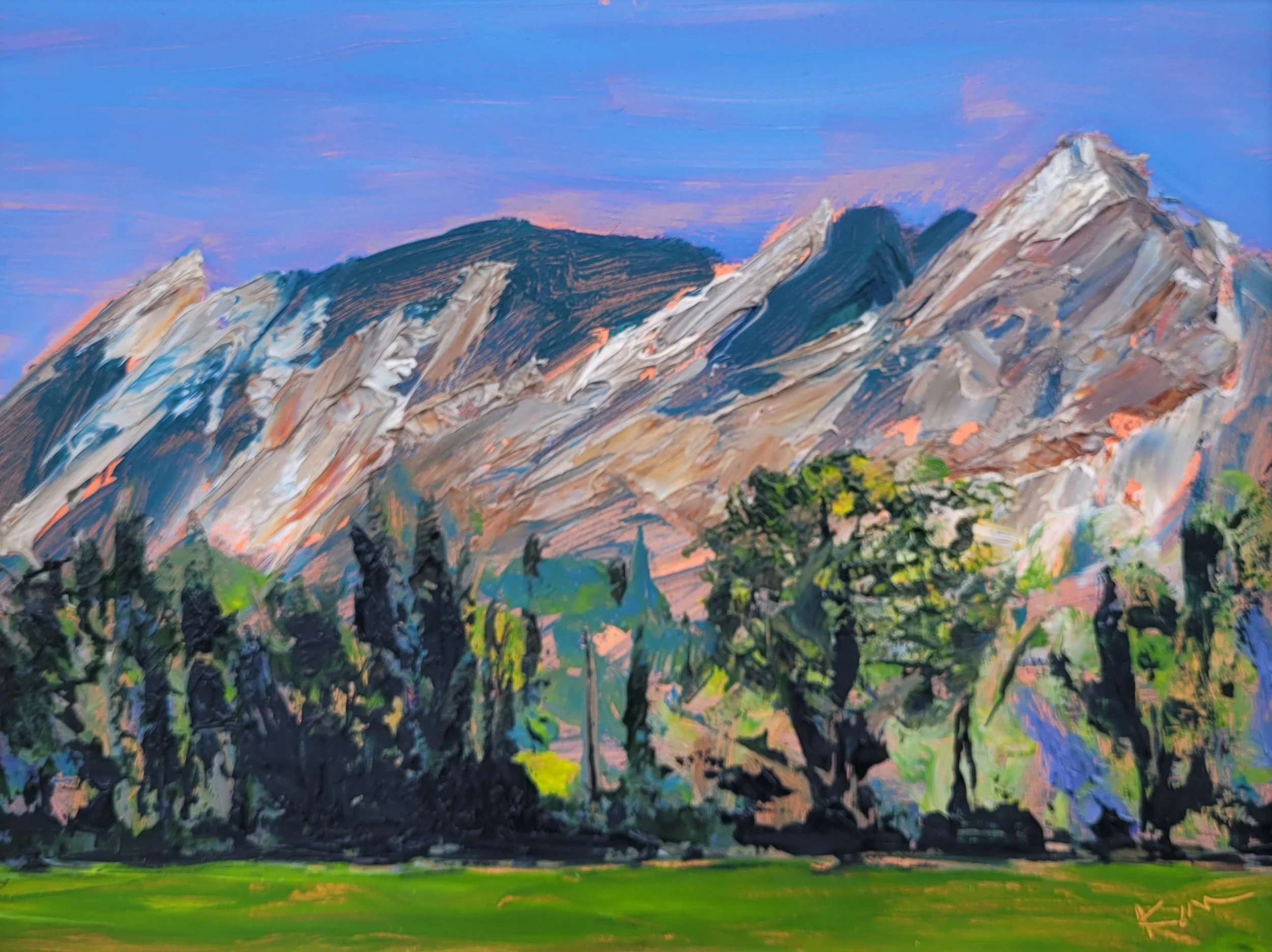 Midsummer | impressionistic oil painting of Flatirons at Chautauqua Park | 9 x 12 in/12 x 15 in Framed