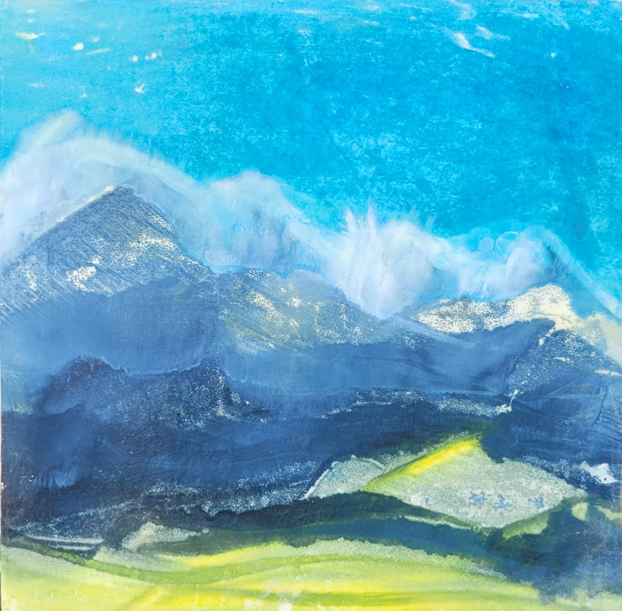 Sunny Morning | encaustic wax monotype on cradled wood panel | 10 x 10 x 1.5 in