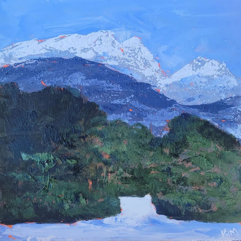 Blue mountain square landscape painting with green trees