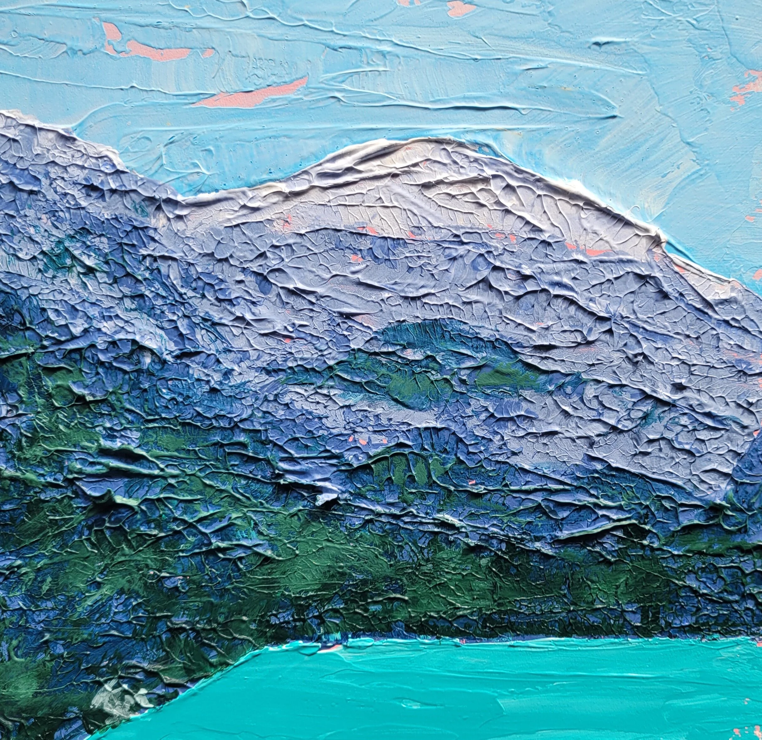 Mountain Lake:
 8x8" Acrylic painting on paper, mounted to 12x12"