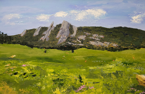 Boulder Flatirons in summer with green grass and wildflowers painting