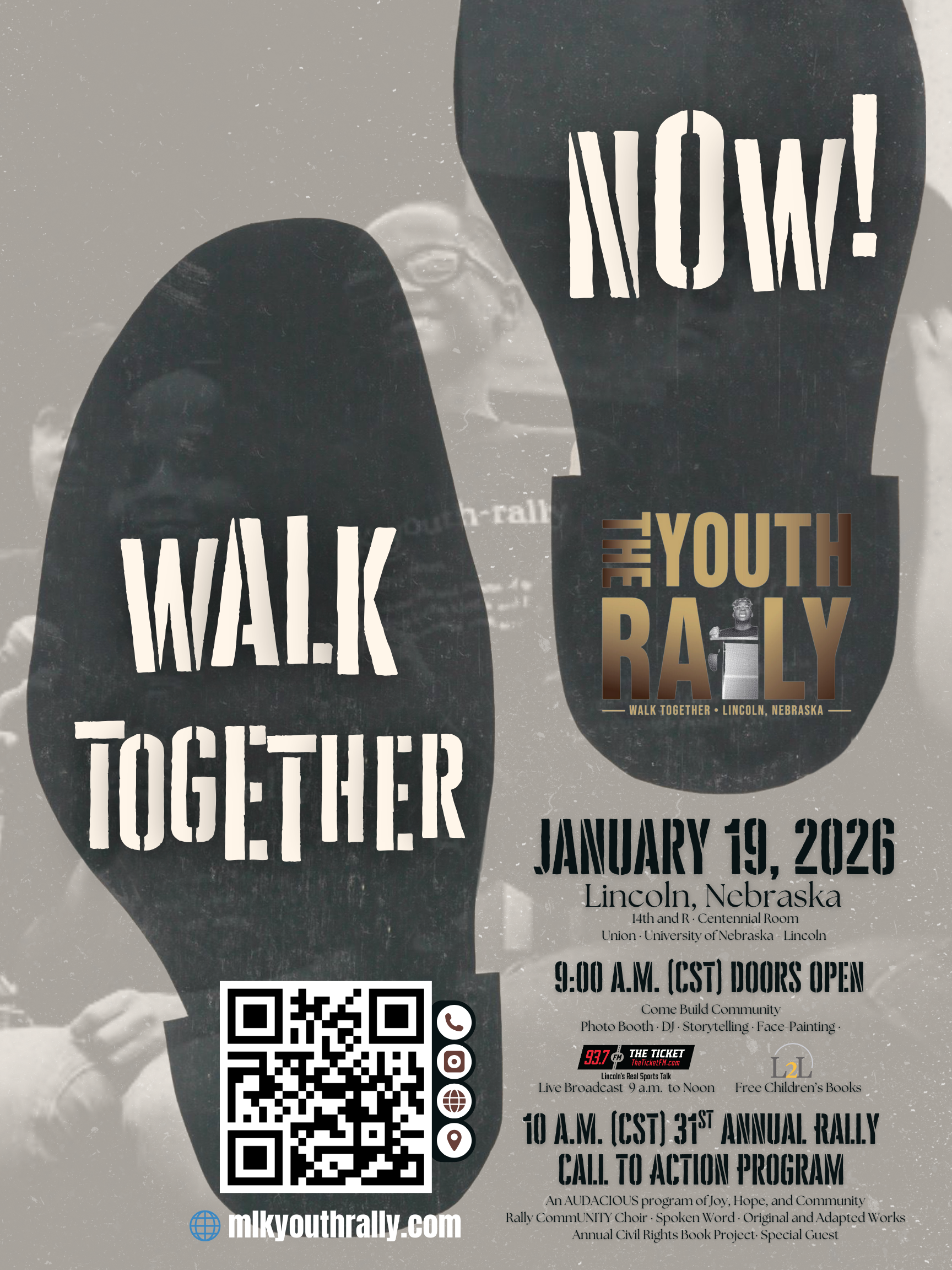 Shoe prints and text announcing the rally.