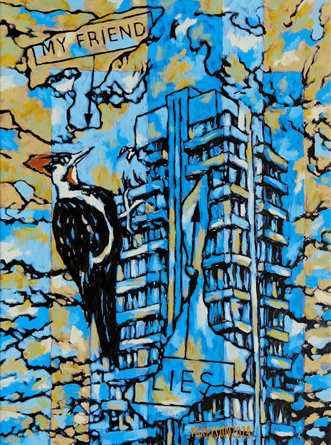  "Pileated Woodpecker Attacks Condo" , 2024, Oil on Canvas, 24 x 18 inches 