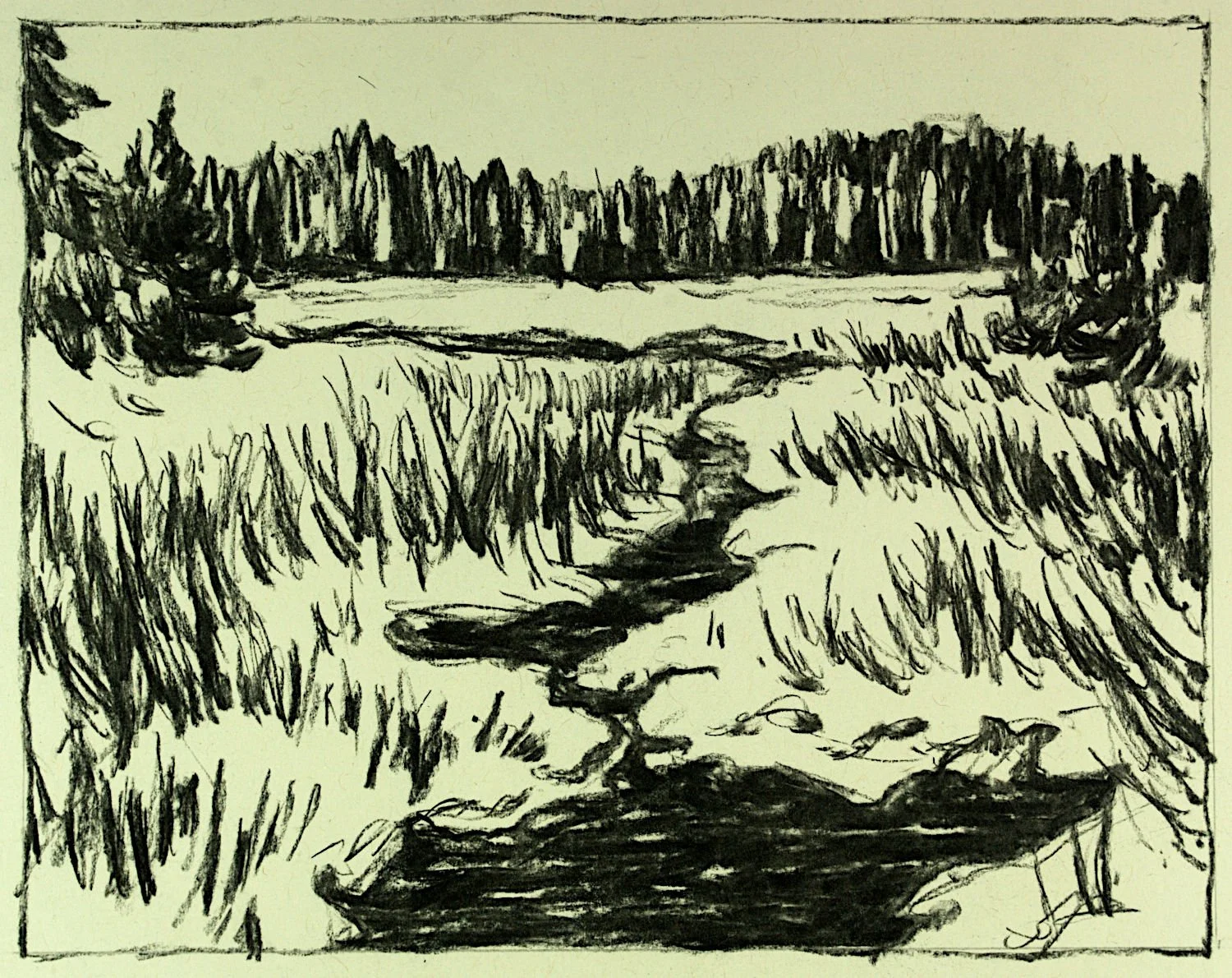  "Creek Emptying Into Cross Lake" , 2025, Charcoal on Paper, 7 x 9 inches  