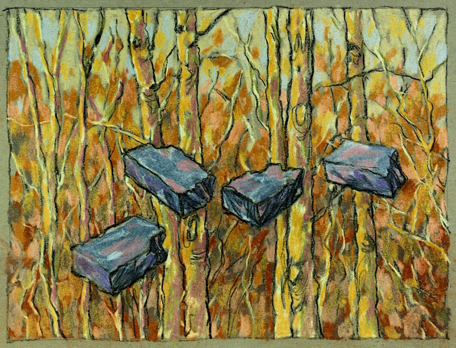  "Broken Bricks in Mill Creek Forest" , 2025, Pastel on Paper, 8 x 10 5/8 inches