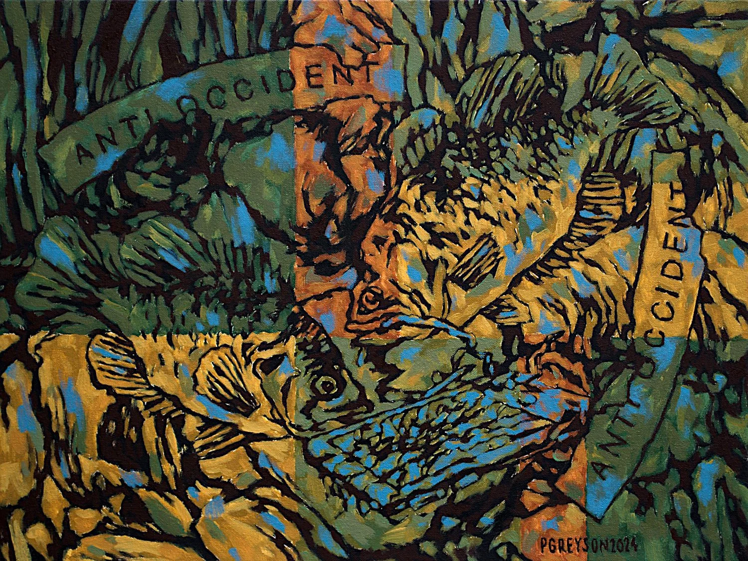  "Rock Bass Attack Cell Phone" , 2024, Oil on Canvas, 18 x 24 inches