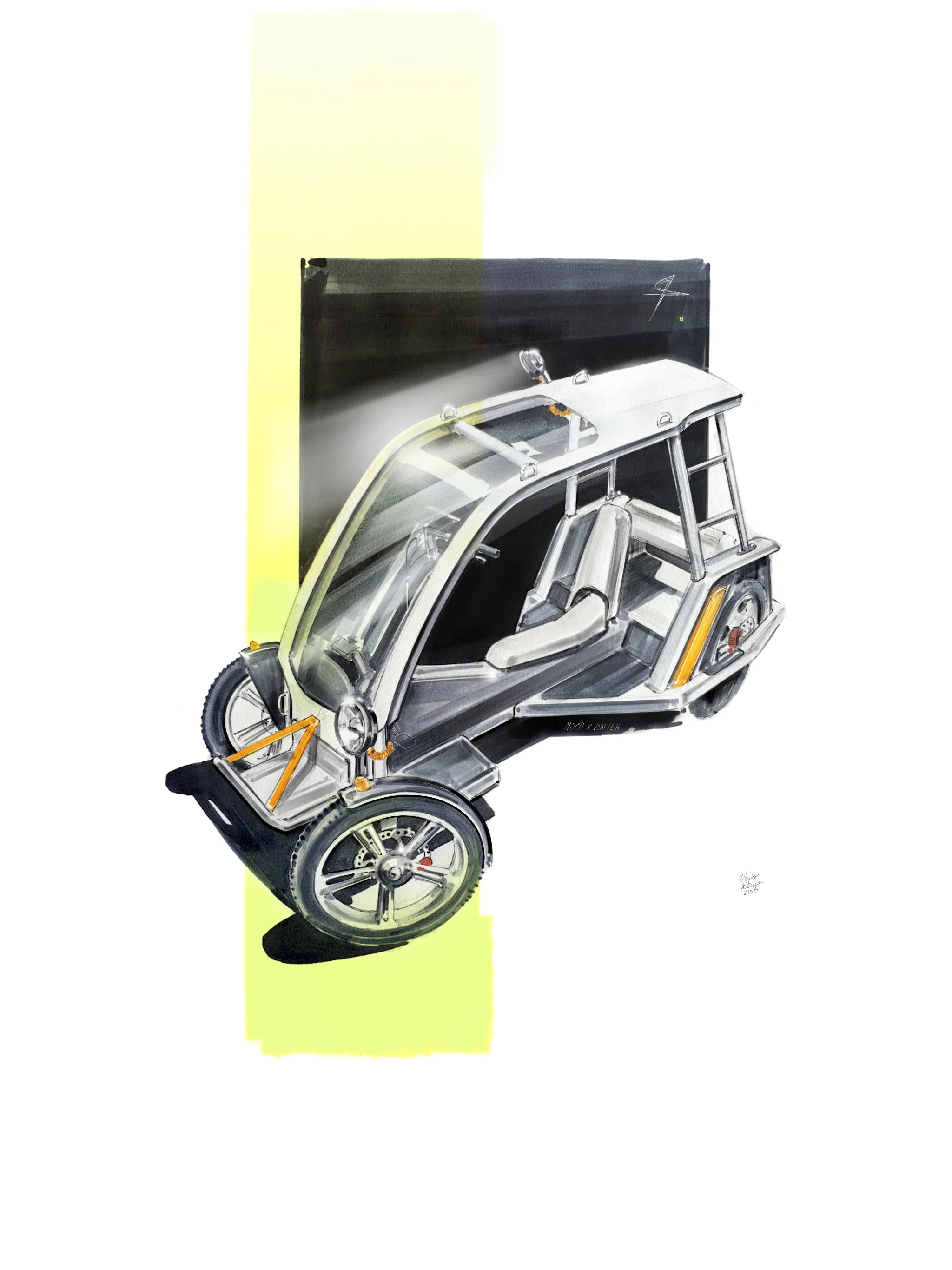 Das Bild zeigt eine Handzeichnung eines vierrädigen EBikes.