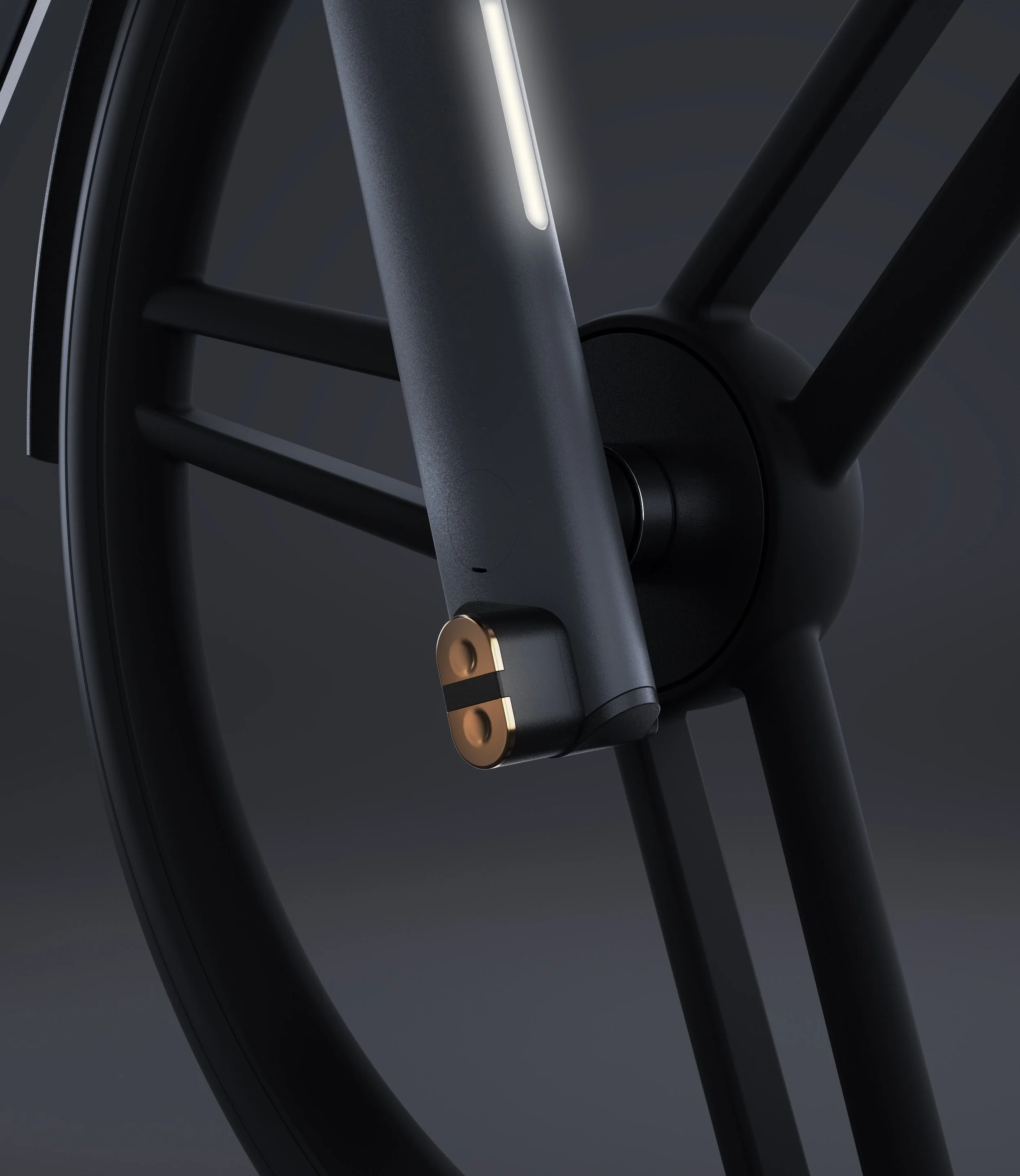 Das Bild zeigt den Ladeanschluss eines EBikes an der Fahrradgabel.