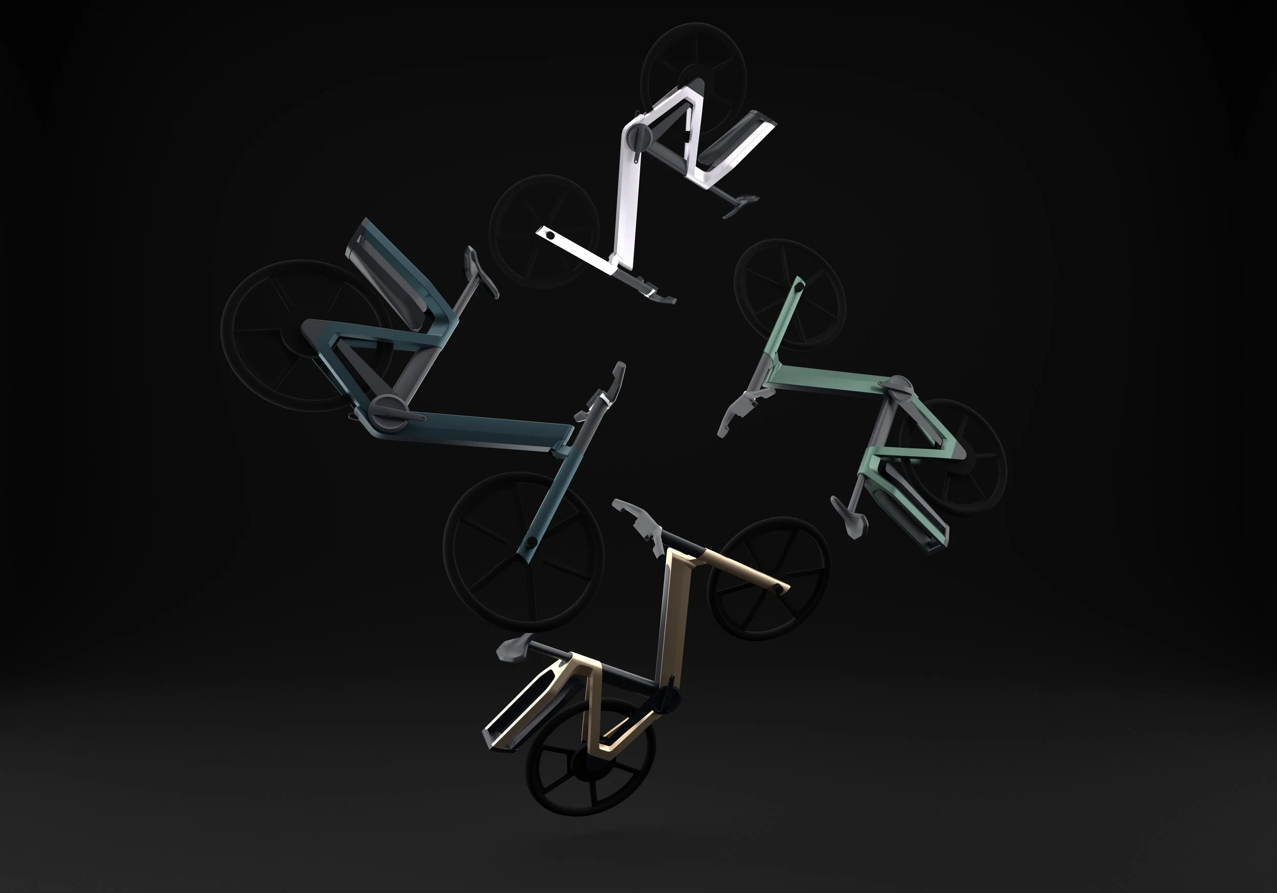 Das Bild zeigt schwebende Ebikes in verschiedenen Farben