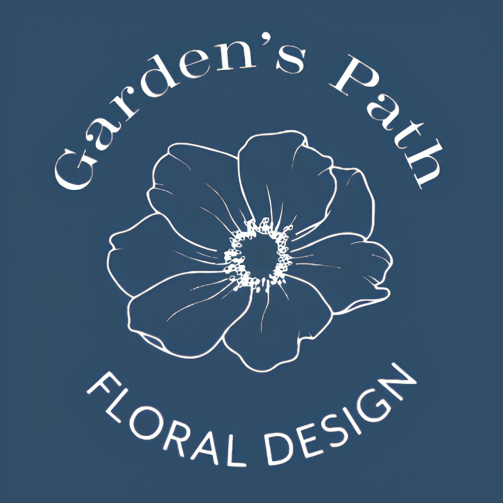 A neon sign with the words 'garden's path' written in a circular pattern around an outline of a flower in white against a dark blue background.