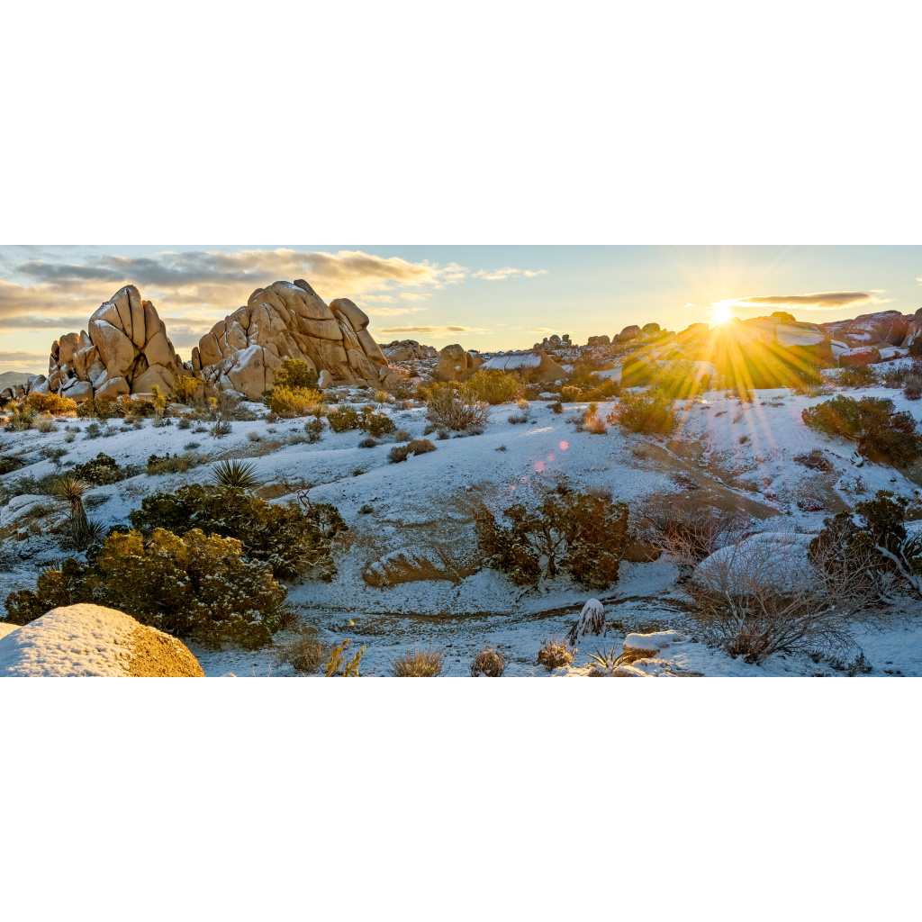 Joshua Tree Snowy Sunrise – snow-covered rock formations and boulders at sunrise in Joshua Tree National Park California