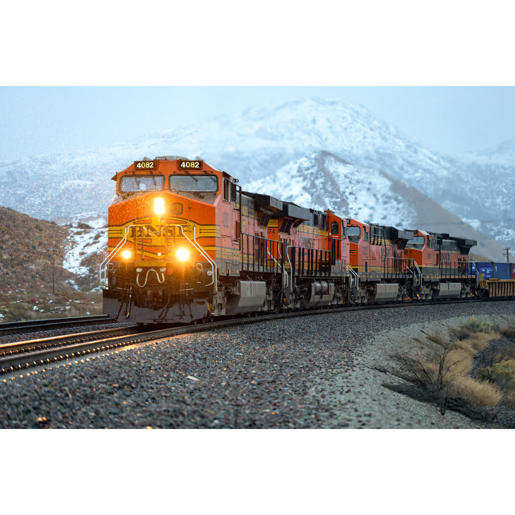 BNSF 4082 H2 in the Snow – H2 heritage unit leading H3 and Heritage 1 locomotives through snowy Cajon Pass California