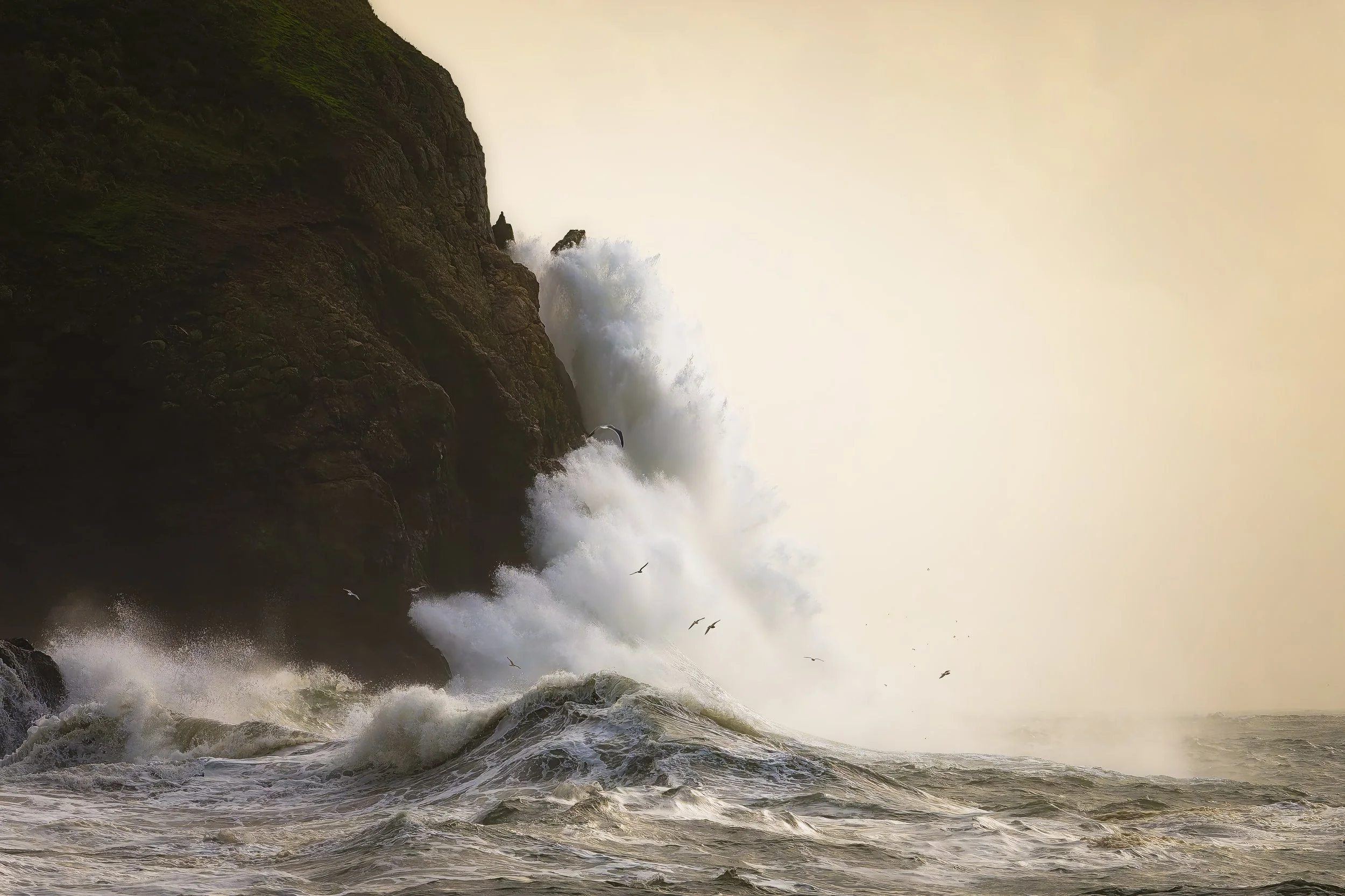 Rough ocean waves crashing against a rocky cliffside, with seagulls flying overhead, during a stormy day.