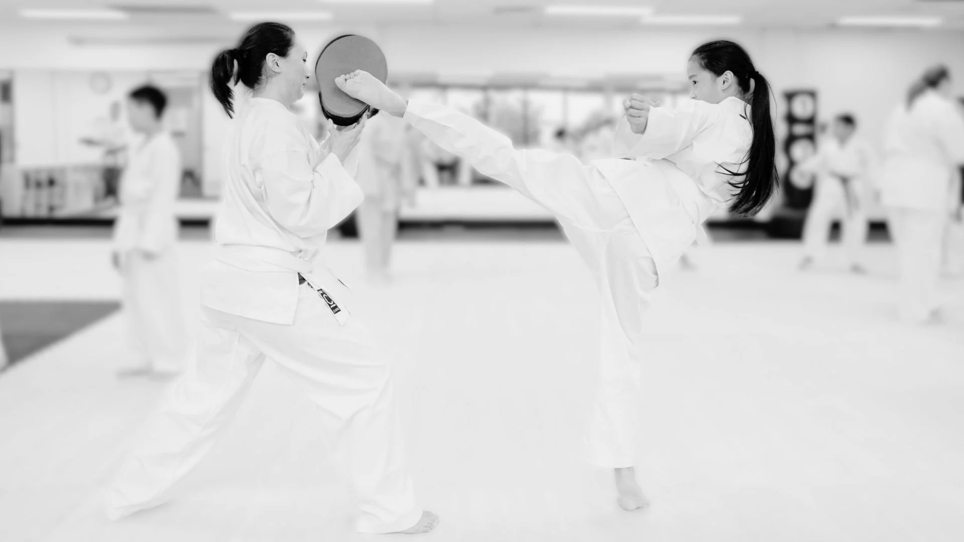 Two women practicing karate; one executing a high kick towards the other, who holds a target shield, in a martial arts dojo with other students in the background.