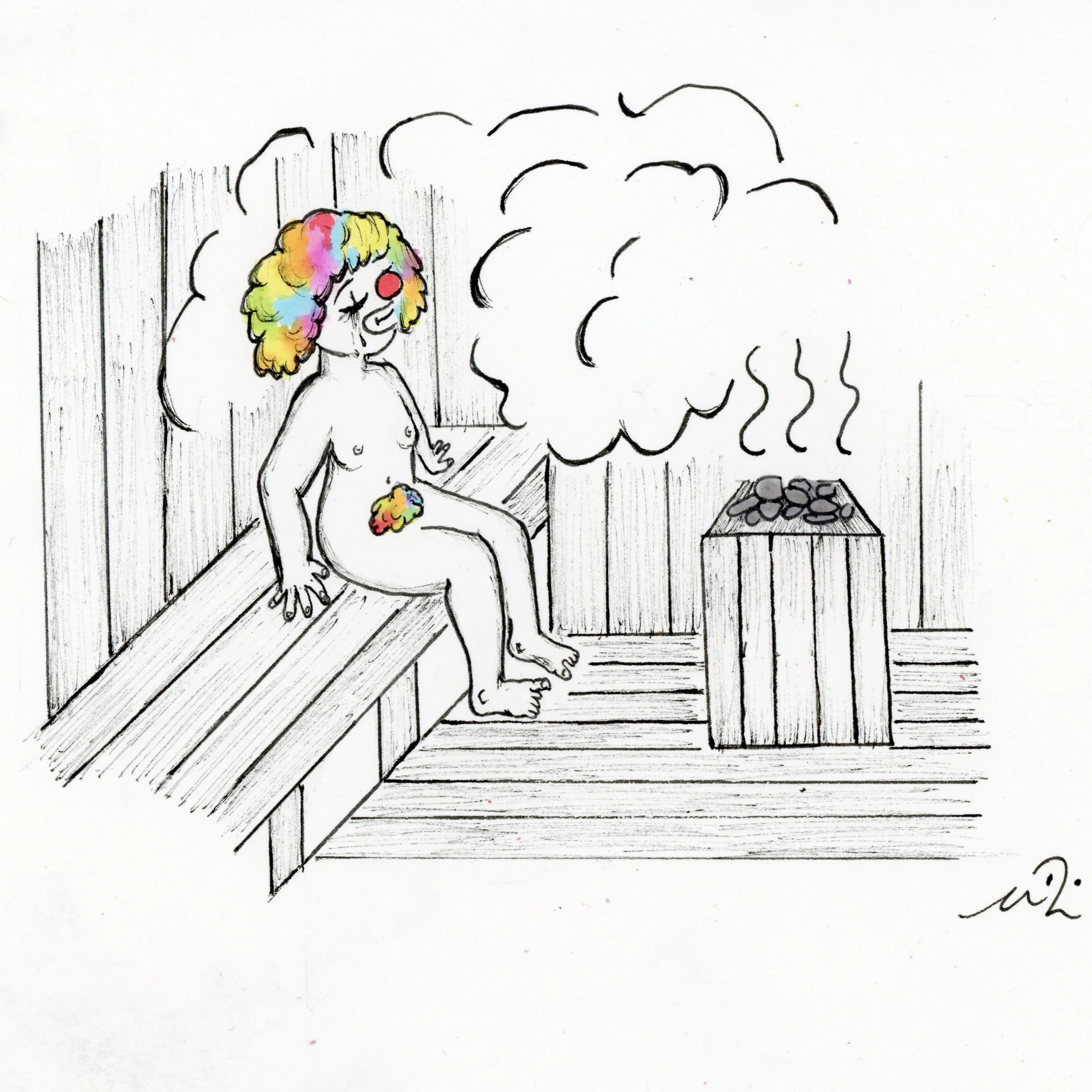 Hand-drawn illustration of a colorful-haired child sitting on a wooden porch beside a smoking chimney or campfire.
