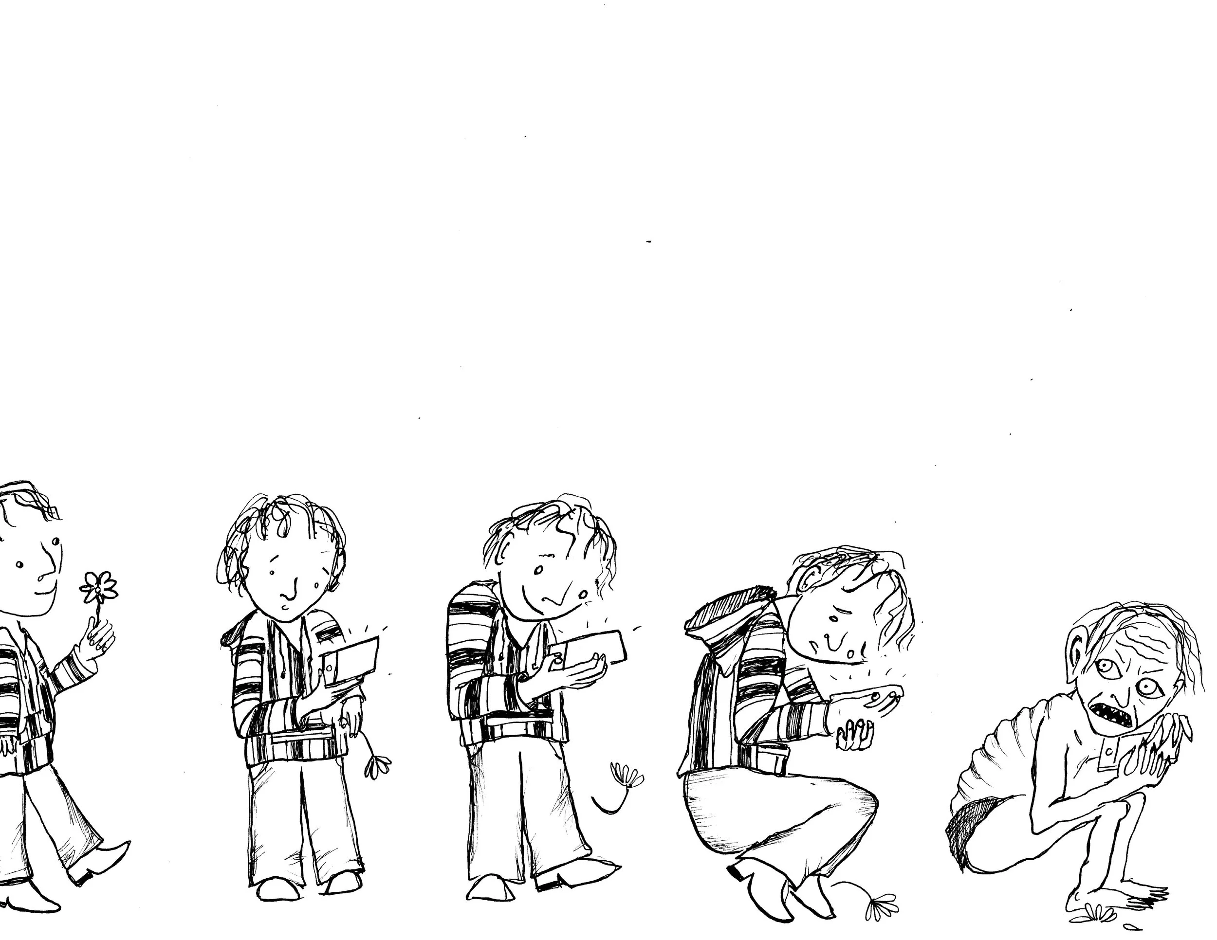 Black-and-white cartoon illustration of children in striped clothing, including one holding a flower, one reading, and one crouching beside a startled frog-like character.