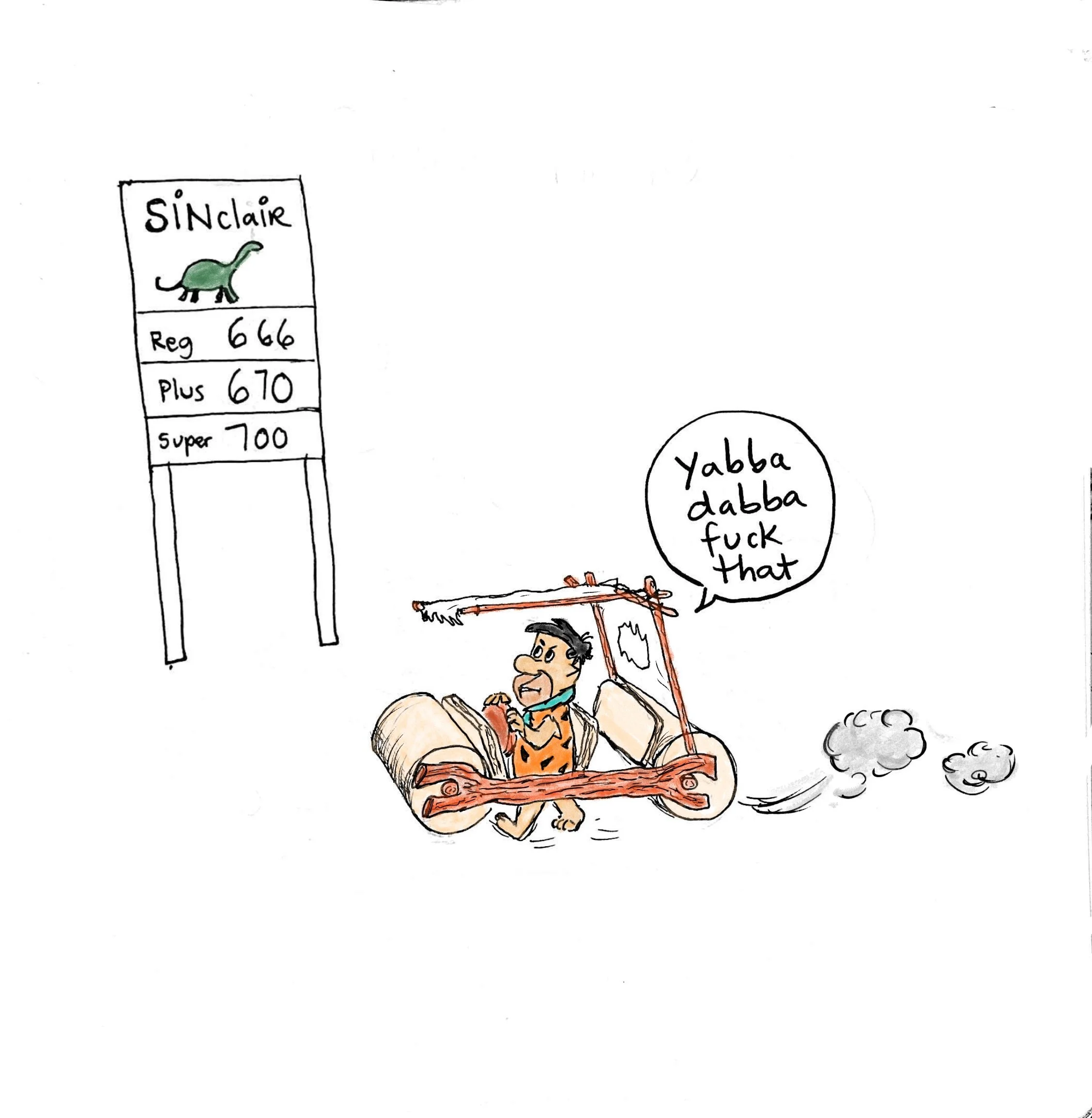 Hand-drawn cartoon of a Fred Flintstone-like caveman driving a wooden car, with a Sinclair gas price sign and speech bubble.