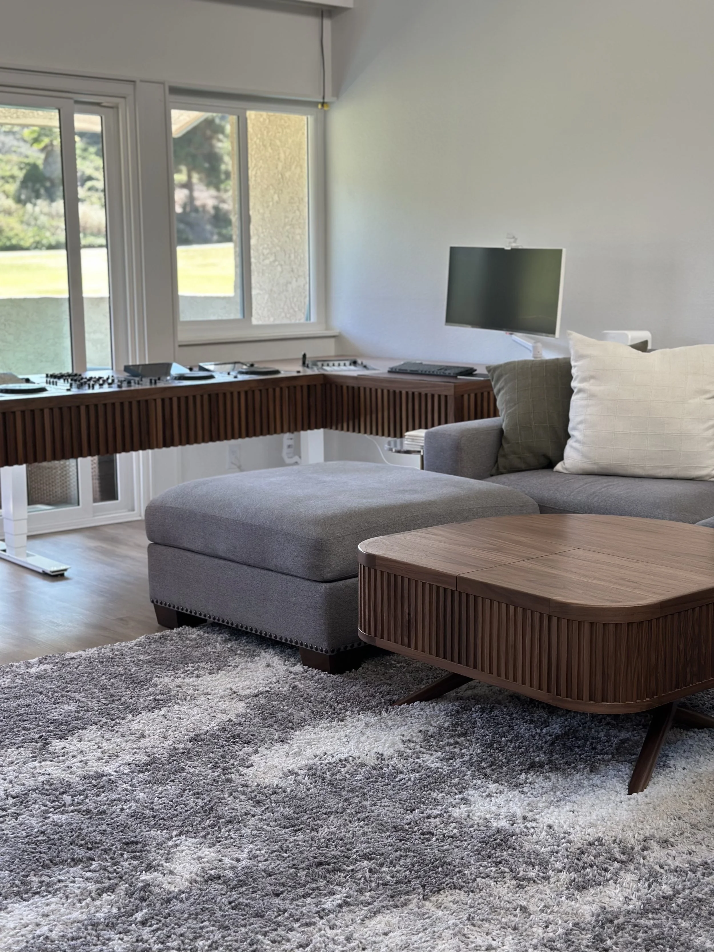 Living room with large window, gray sofa, wooden coffee table, and a textured gray area rug.