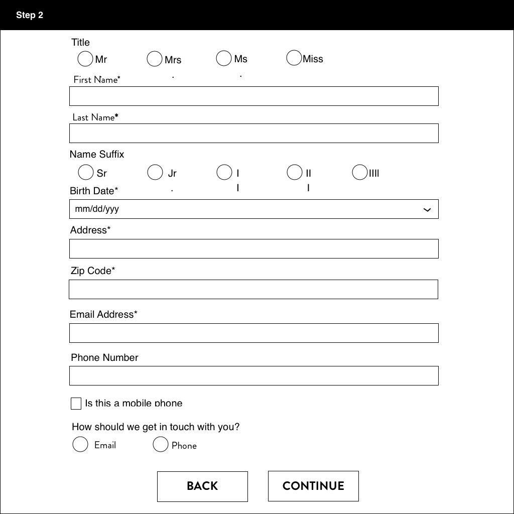 low fidelity wireframe showing data required to complete registration