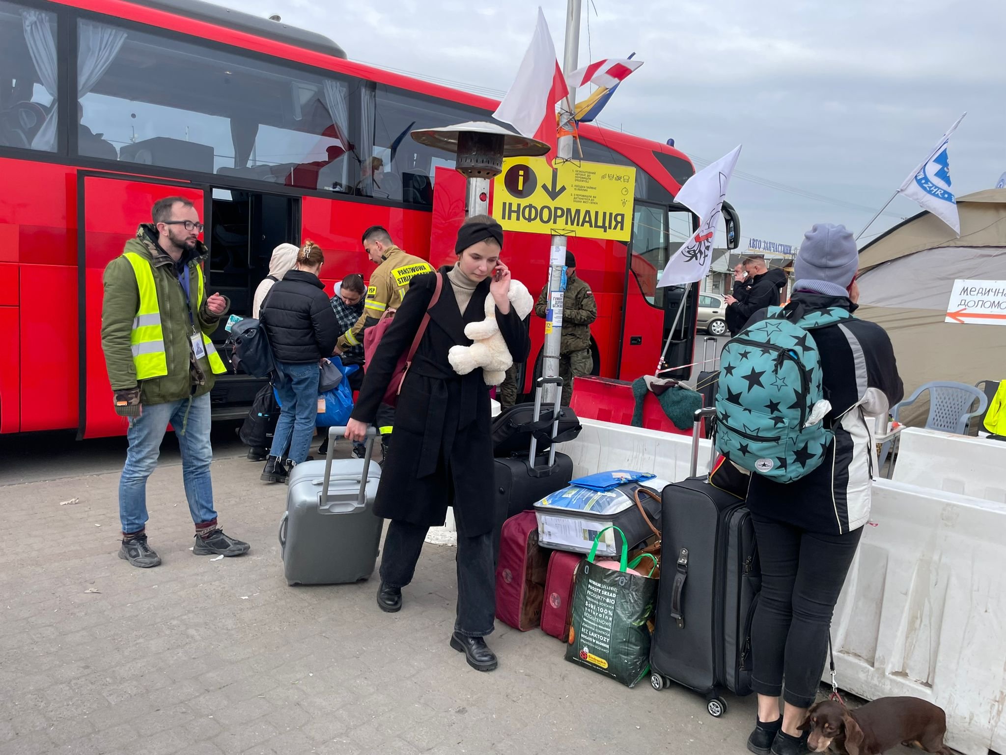 Ukrainian refugees arriving at the border crossing: Village of Medyka, Poland