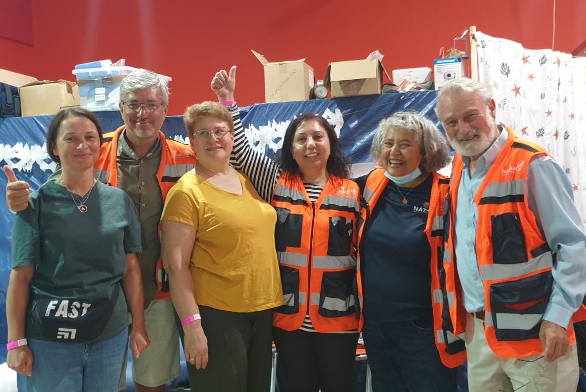 NATAN's 9th team of volunteers is at work in Przemysl, Poland. Seen here are team members: Head of Mission Udi Cohen, RN Yael Aisner, Dr. Michael Alkan, Dr. Valeria Zayats, RN Yael Cnaani, Social Workers: Keren Fishzon, Marina Lantsburg, Olena Mirosh