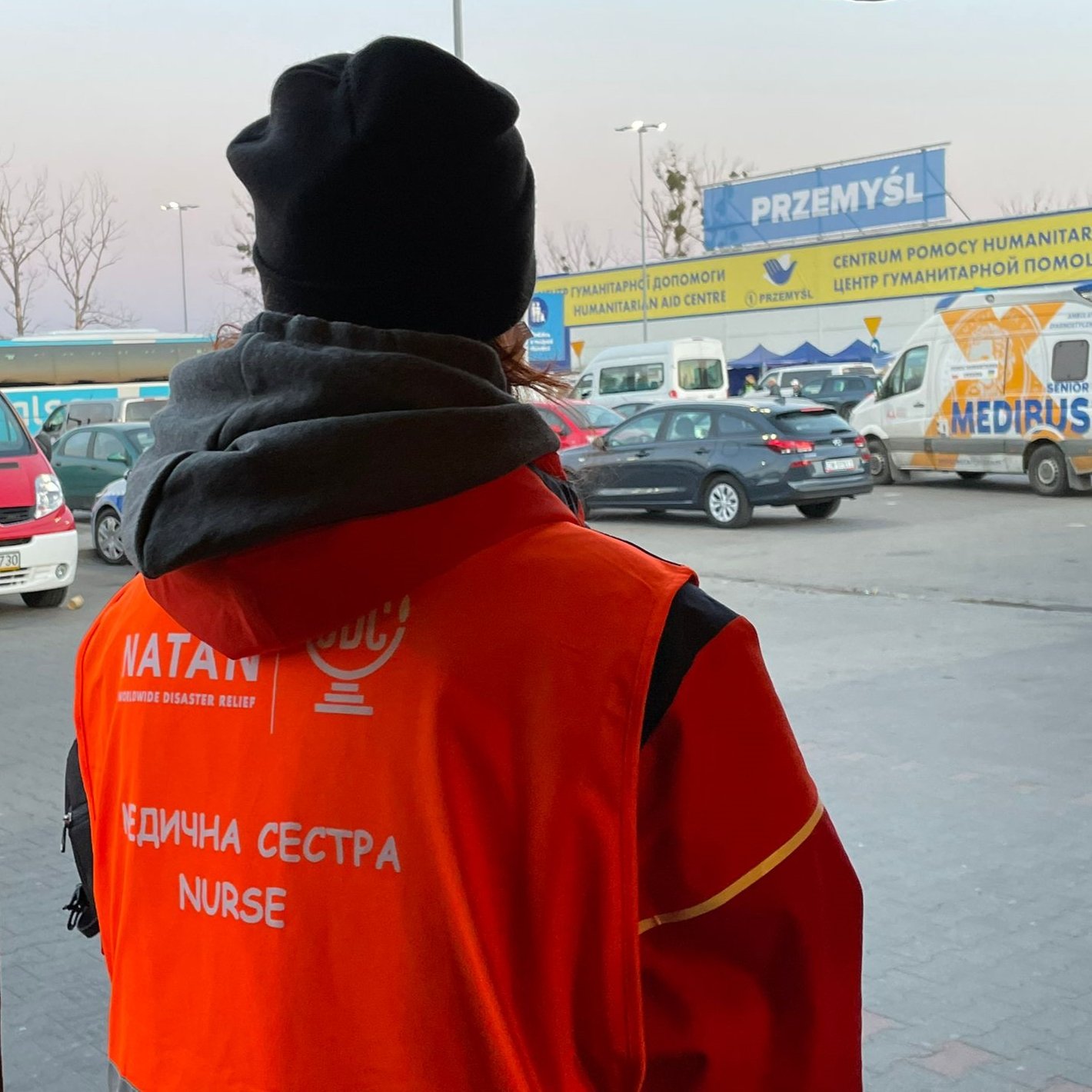 A NATAN nurse outside the Humanitarian Center in Przemysl Poland