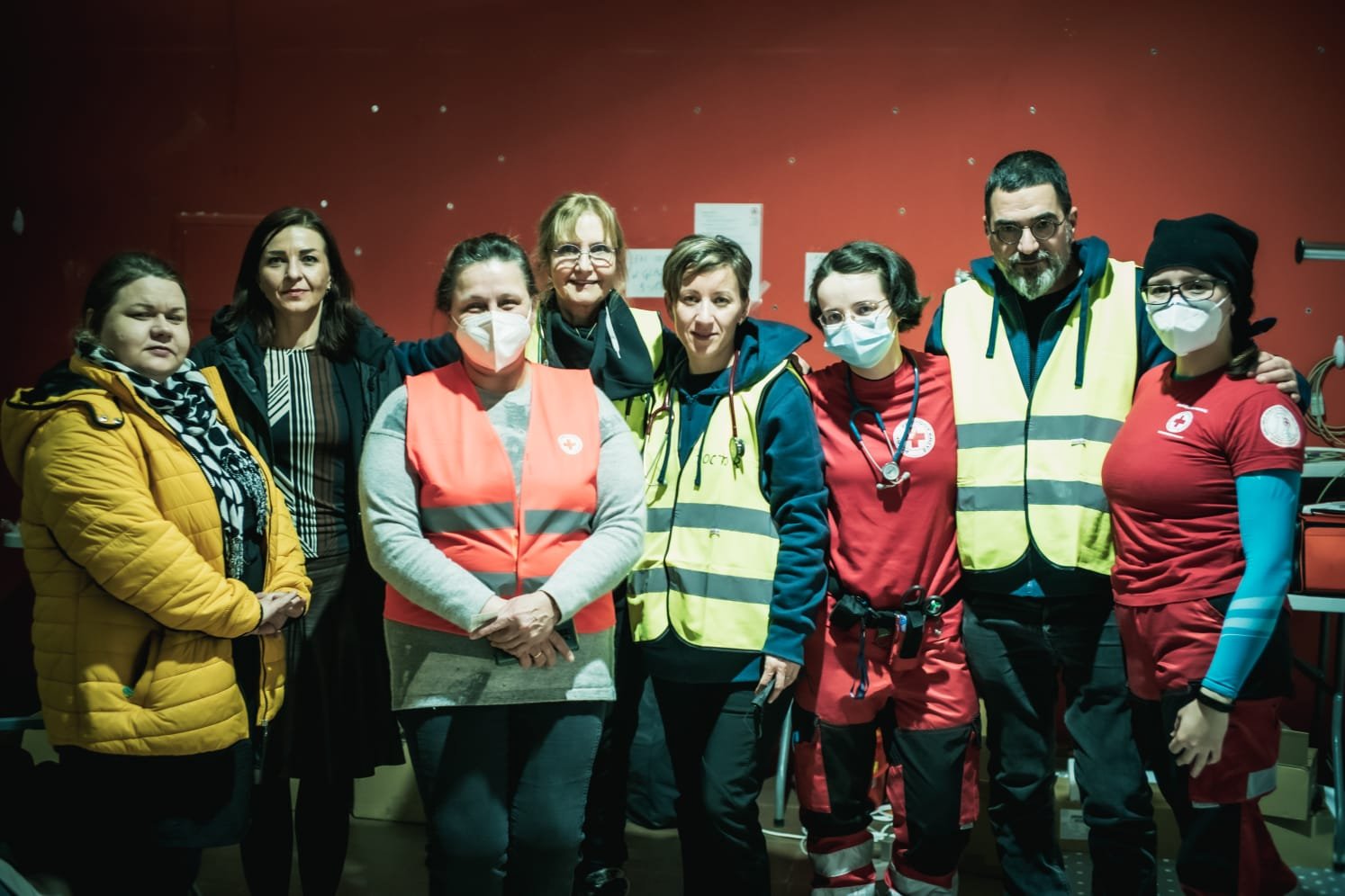 NATAN team doctors, Albina Rotshtein and Dorit Nitzan and NATAN Logistics Manager Udi Cohen, together with members of Medical Poland and the Polish Red Cross at a refugee center in Poland at the Ukrainian border. 4-MAR-22