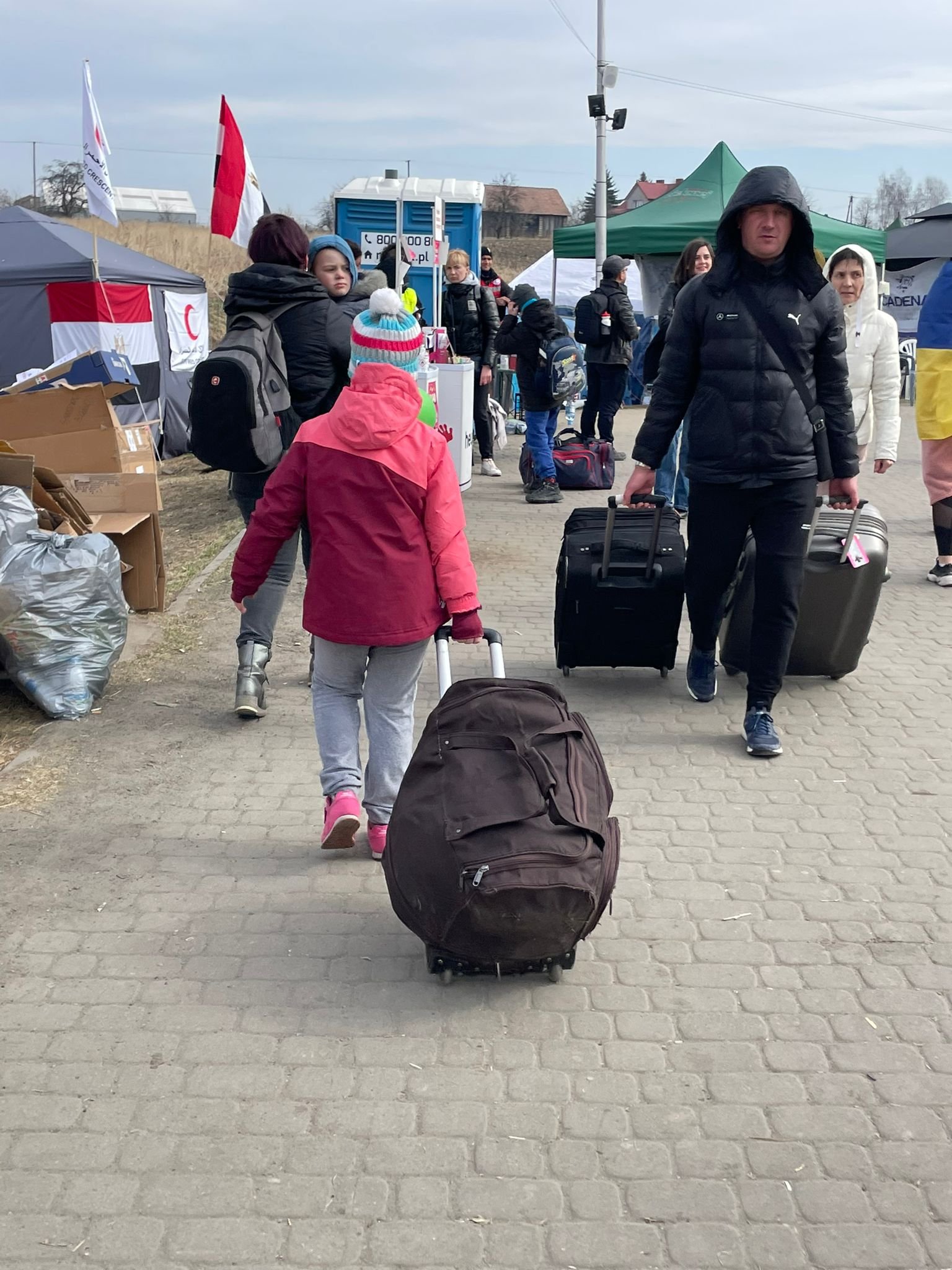 Ukrainian refugees arriving at the border crossing: Village of Medyka, Poland