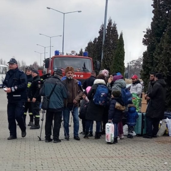 Ukrainian refugees who have just crossed the Poland - Ukraine border