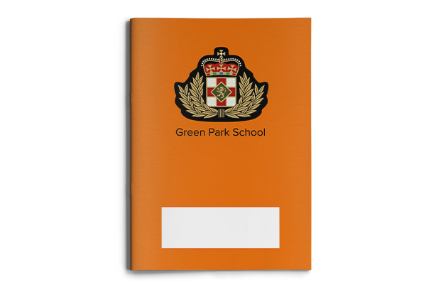 a custom exercise book with school logo and vibrant colour printing