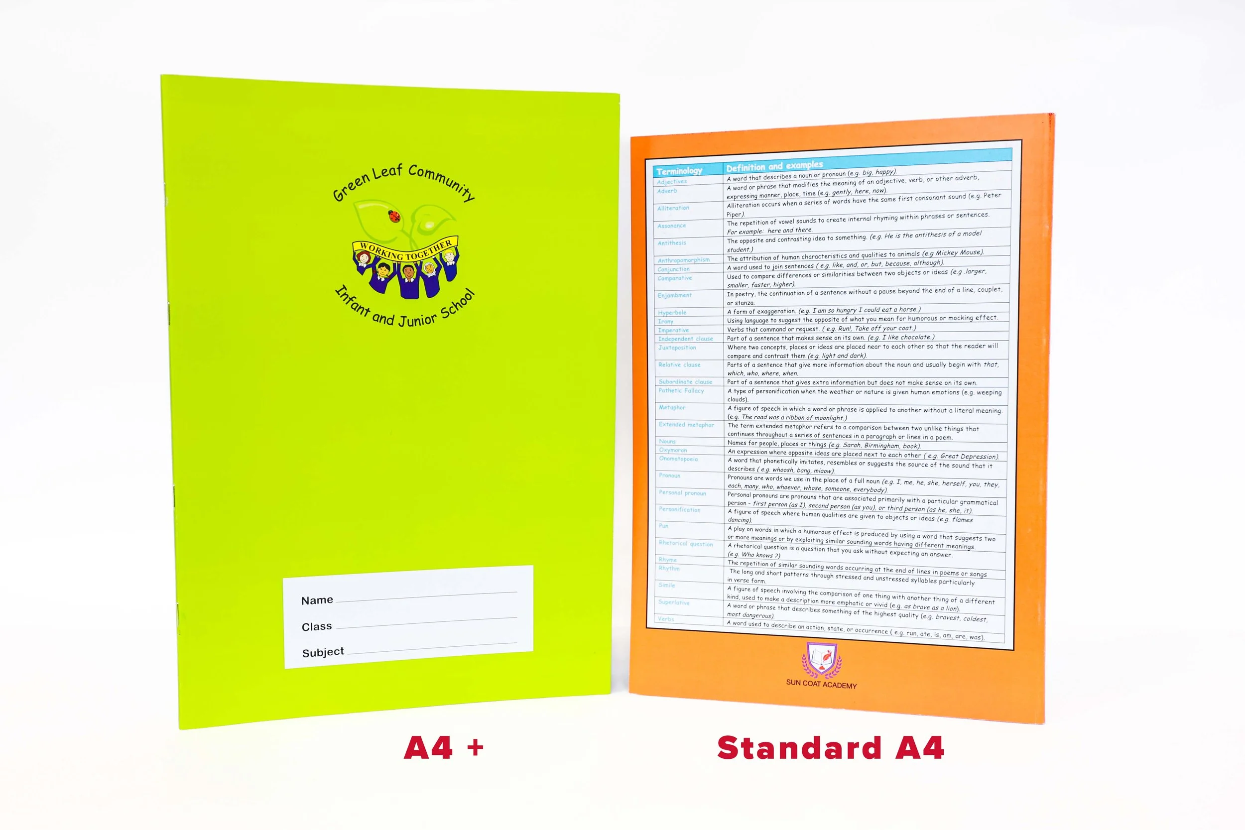 comparison between a4 and oversize a4 bespoke school exercise books