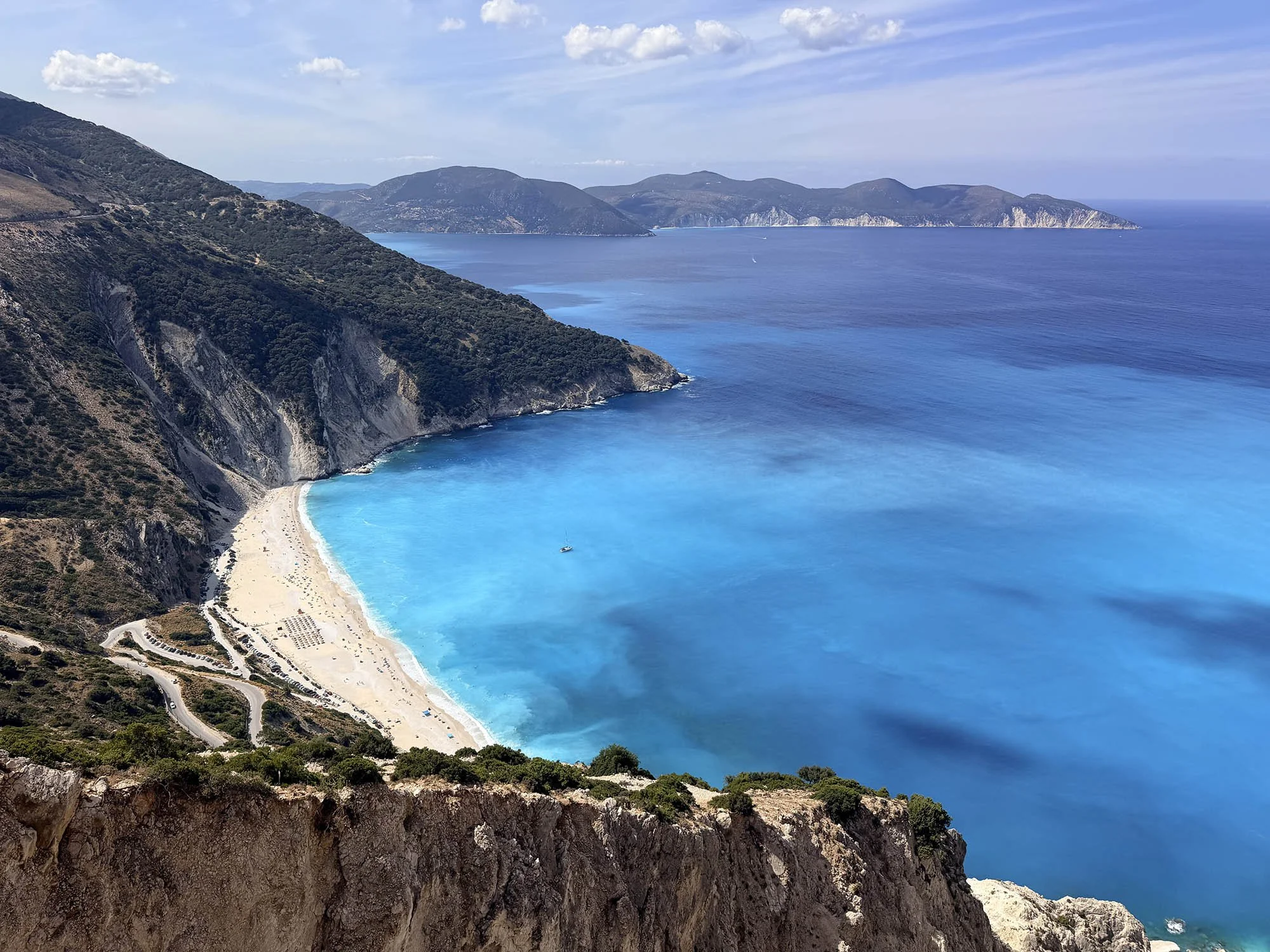 View of Myrtos Beach from road above in Kefalonia
