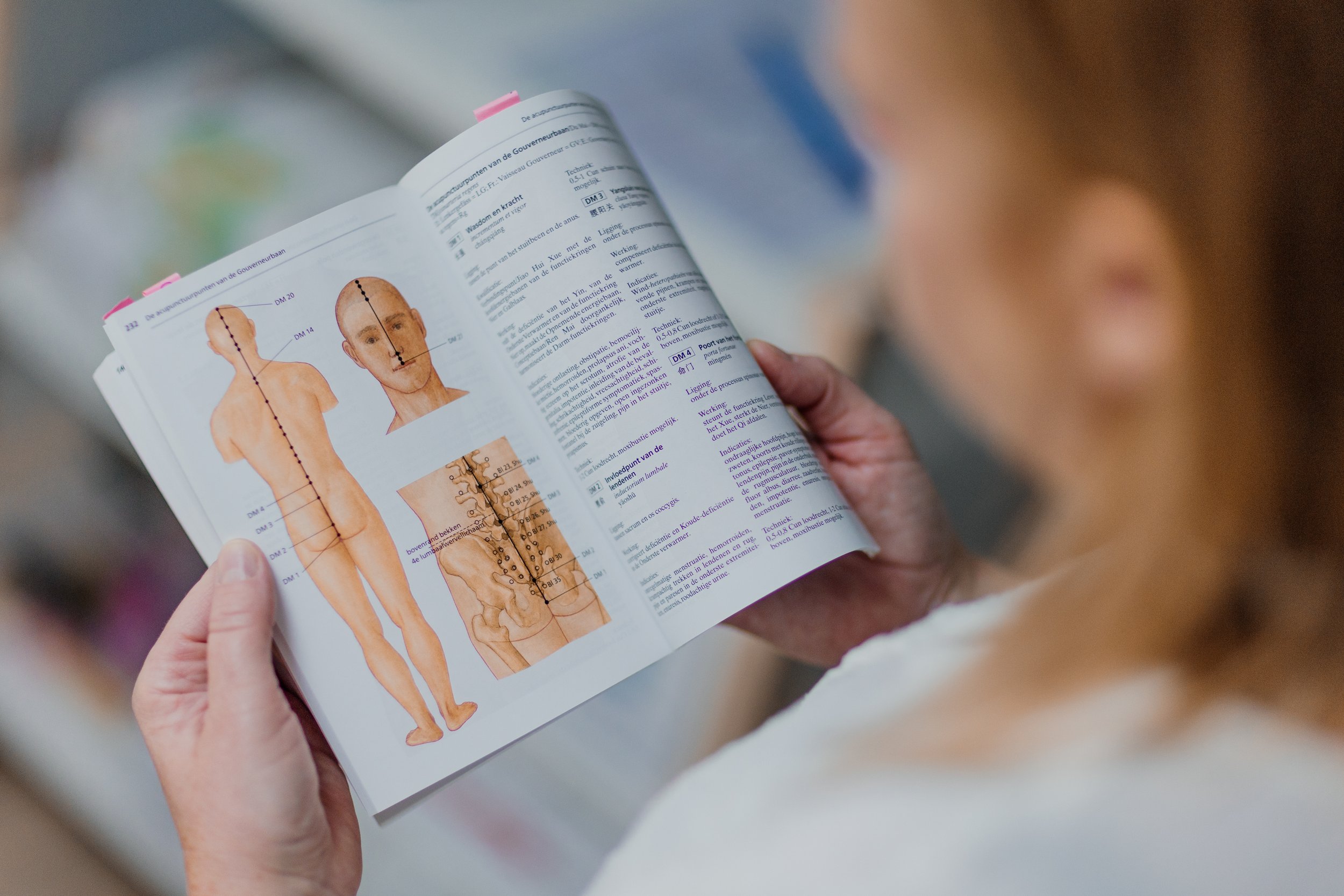 Een persoon leest een informatieve brochure met anatomische diagrammen van het menselijk lichaam en gezicht.