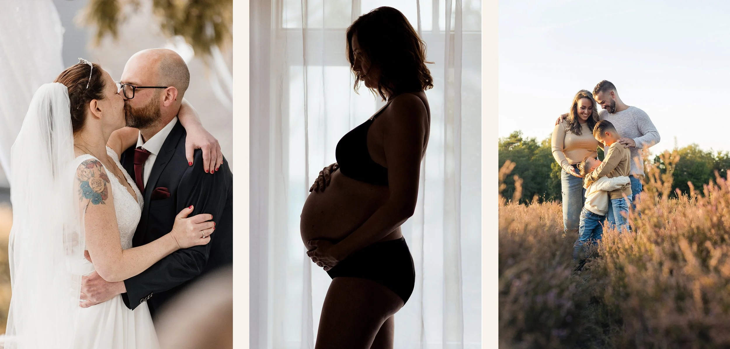 Drie foto's: de eerste een bruid en bruidegom tijdens hun huwelijk, de tweede een silhouet van een zwangere vrouw in kleren, de derde een familie die samen in een veld wandelt.