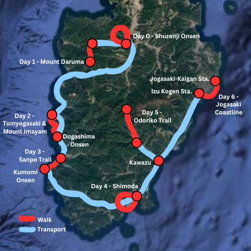 Map showing a multi-day travel route around a landmass with markers for each day and trail names, indicating walk and transport segments. Izu Hiking Tours with Really Rural Japan.