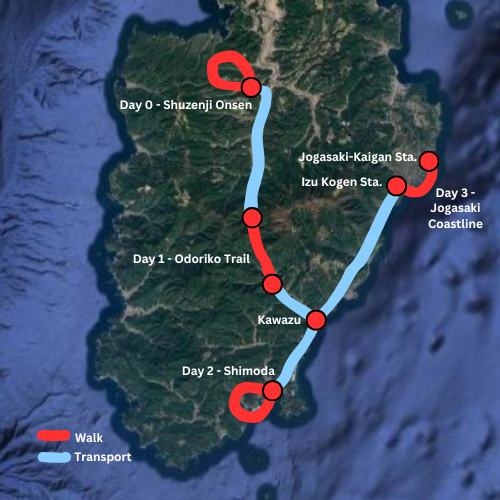 Map showing a three-day travel route with walking and transportation segments along a coastal island in Japan, including trail and station points. Izu Hiking Tours with Really Rural Japan.
