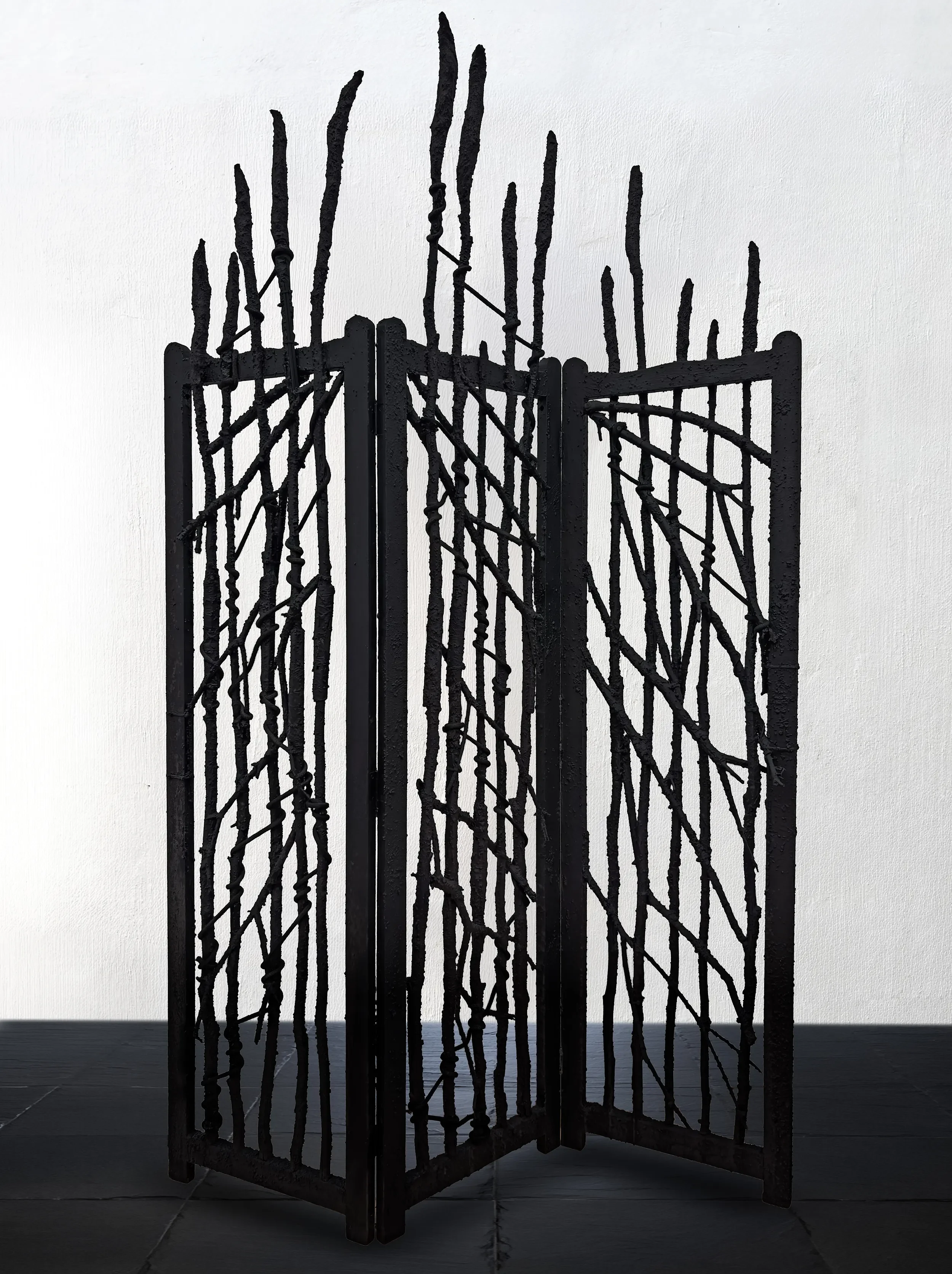 The Gate — Kristalla Kristoze - 210 x 144 x 10 cm - assemblage with charcoal, sand,
industrial gypsum