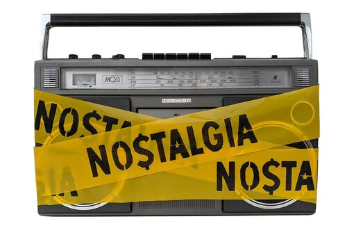 THE NO$TALGIA BOOMBOX
Physical vintage portable radio cassette tape player with hand-printed custom hazard tape.