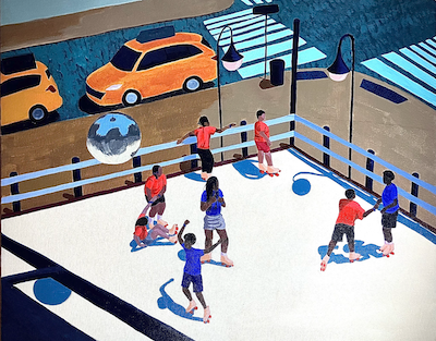 Illustration of people playing basketball  on an outdoor court.