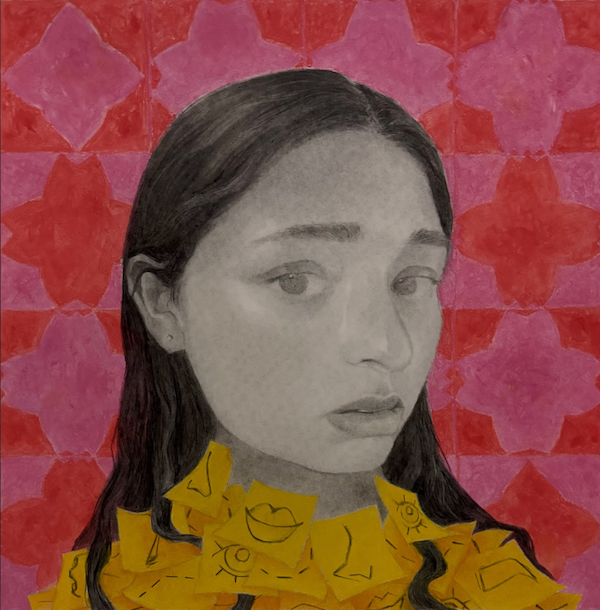 Mixed-media self-portrait featuring a graphite portrait against a vibrant pink patterned background with illustrated yellow sticky notes symbolizing identity and self-expression.